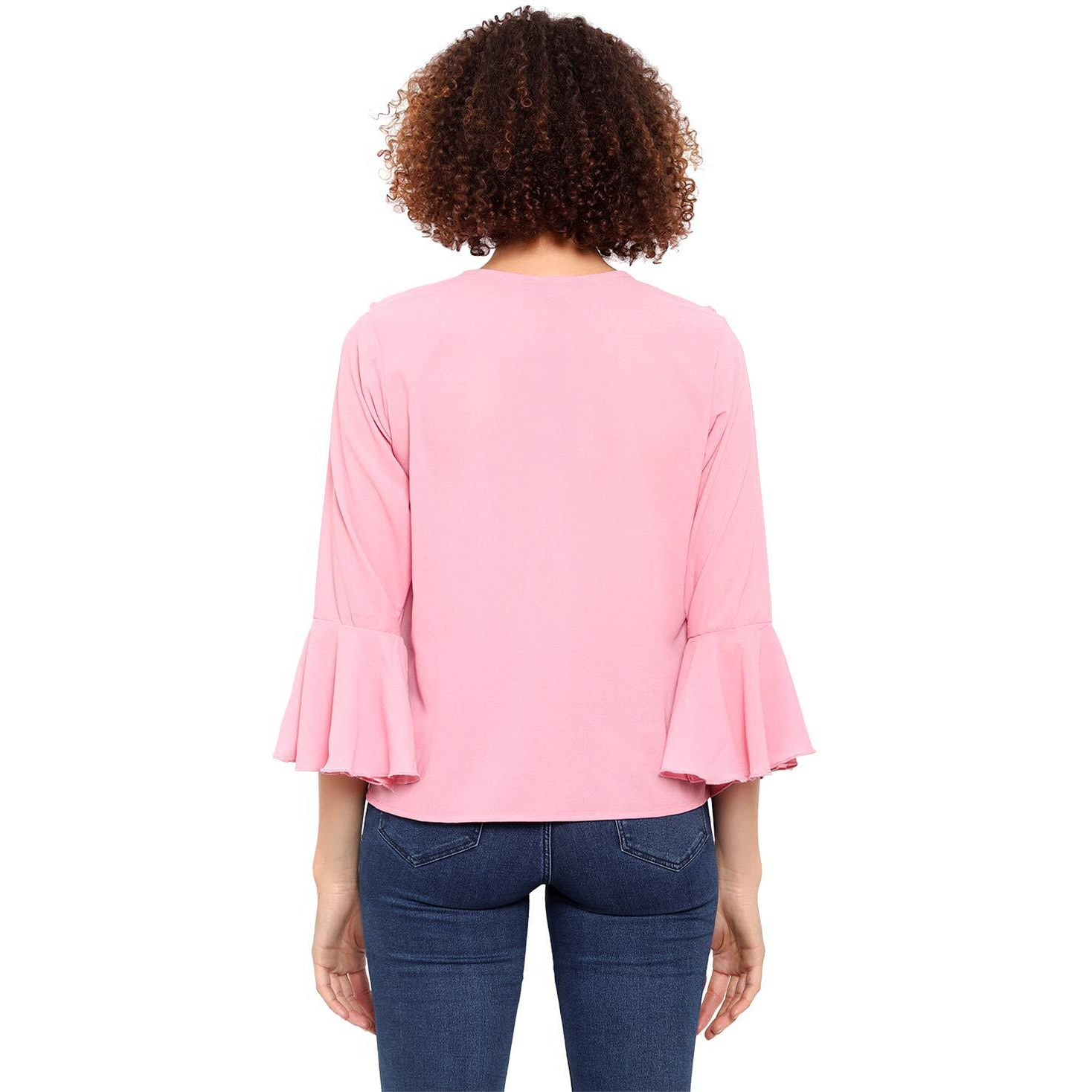 Indietoga Women's Pink Solid Ruffled Georgette Tops (Bell Sleeves X-Small)