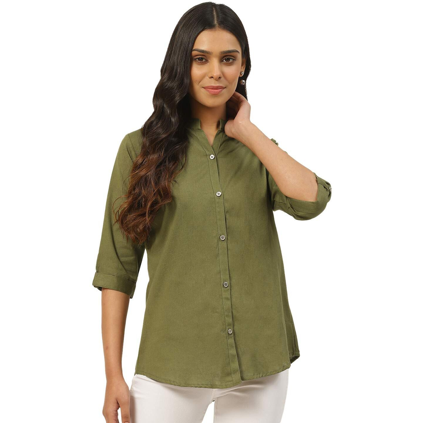 Vastraa Fusion Women's Cotton Regular Top/Shirt (Ts0912A-S_Mehandi Green_S)