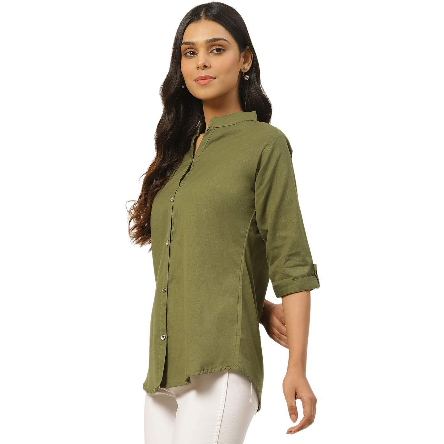 Vastraa Fusion Women's Cotton Regular Top/Shirt (Ts0912A-S_Mehandi Green_S)