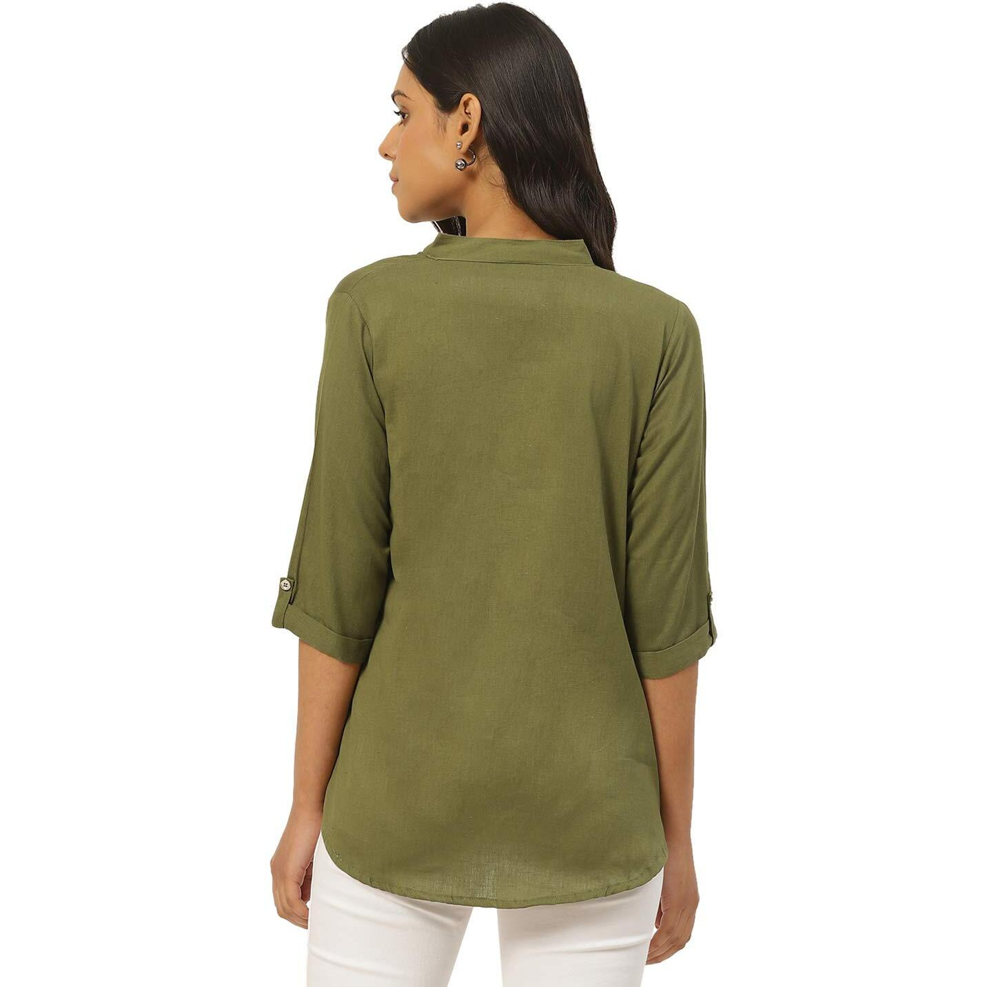 Vastraa Fusion Women's Cotton Regular Top/Shirt (Ts0912A-S_Mehandi Green_S)