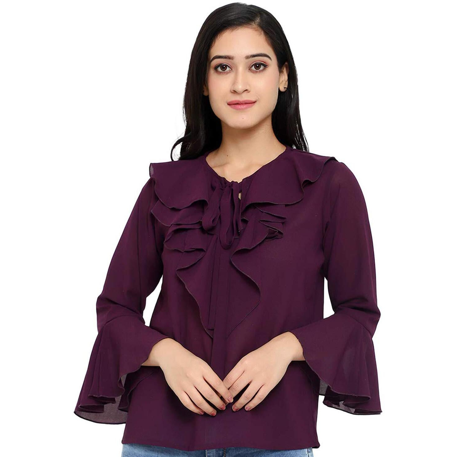 Indietoga Women's Georgette Casual Ruffled Neck Tops (10001267_Purple Solid_Medium)