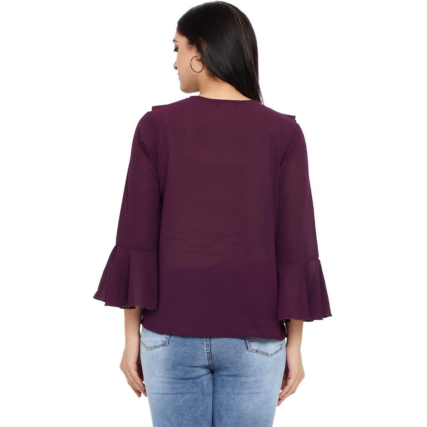 Indietoga Women's Georgette Casual Ruffled Neck Tops (10001267_Purple Solid_Medium)