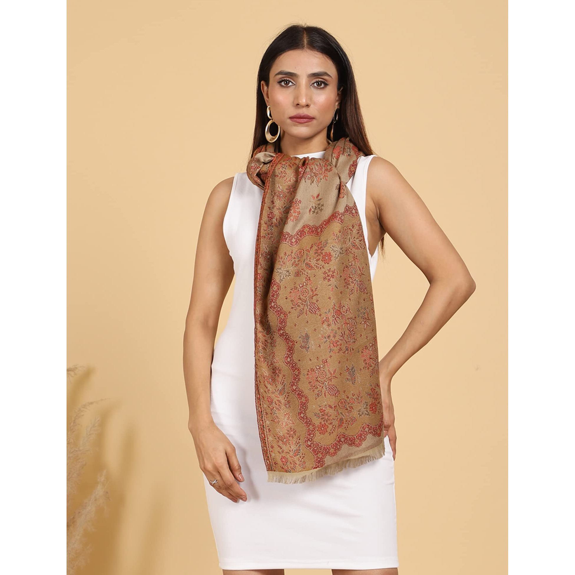 Swi With Label Women's Kashmiri Jamawar Woven Wool Stole (Jr530_Beige_Free Size)