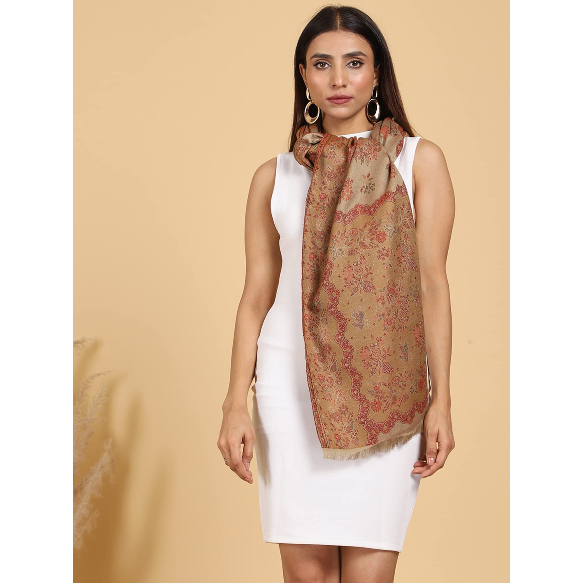 Swi With Label Women's Kashmiri Jamawar Woven Wool Stole (Jr530_Beige_Free Size)
