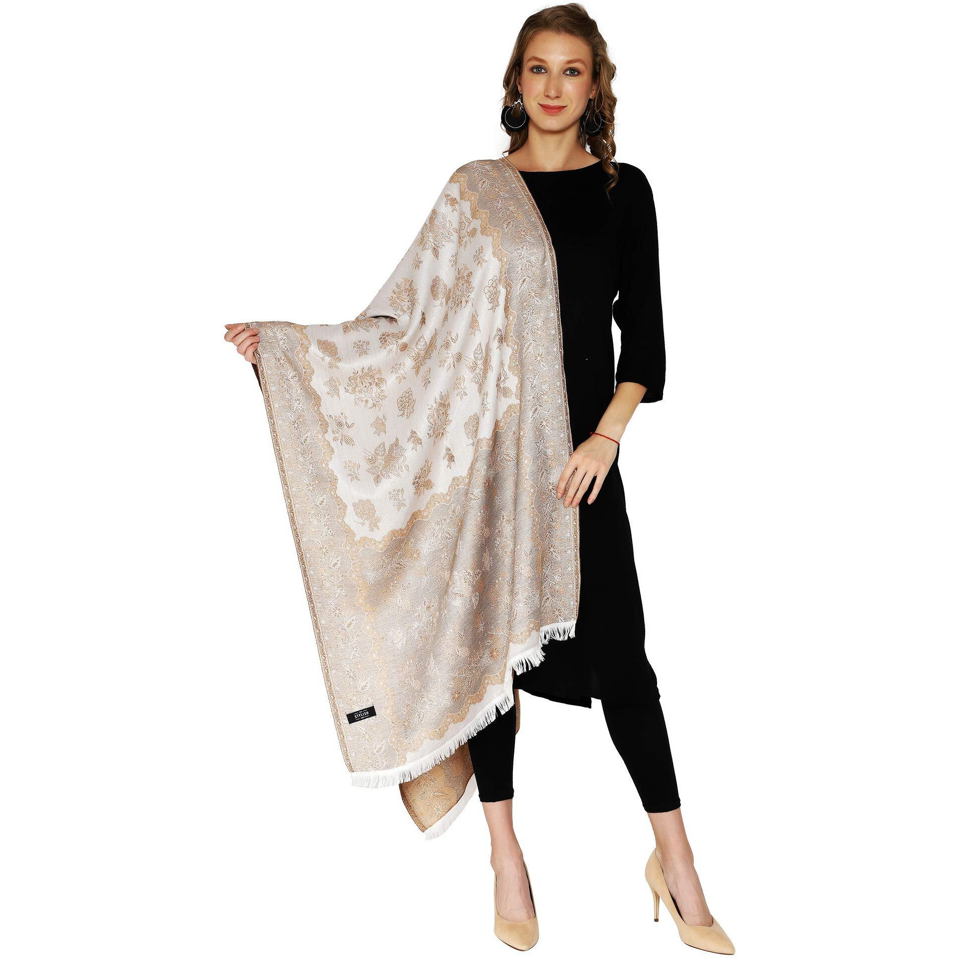 Swi With Label Women's Kashmiri Jamawar Woven Wool Stole (Jr530_White_Free Size)