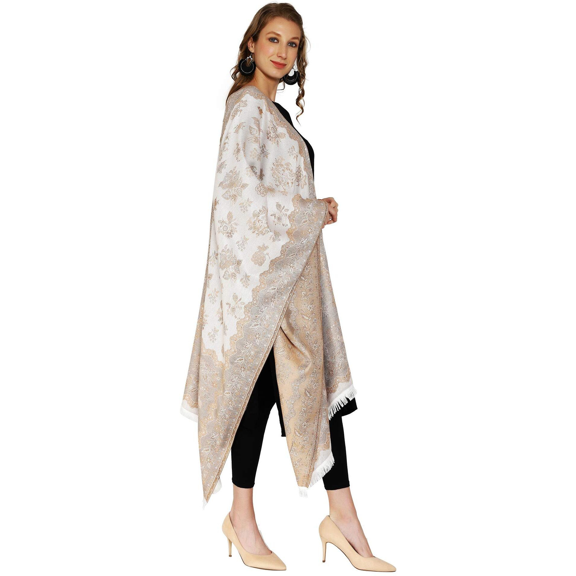 Swi With Label Women's Kashmiri Jamawar Woven Wool Stole (Jr530_White_Free Size)
