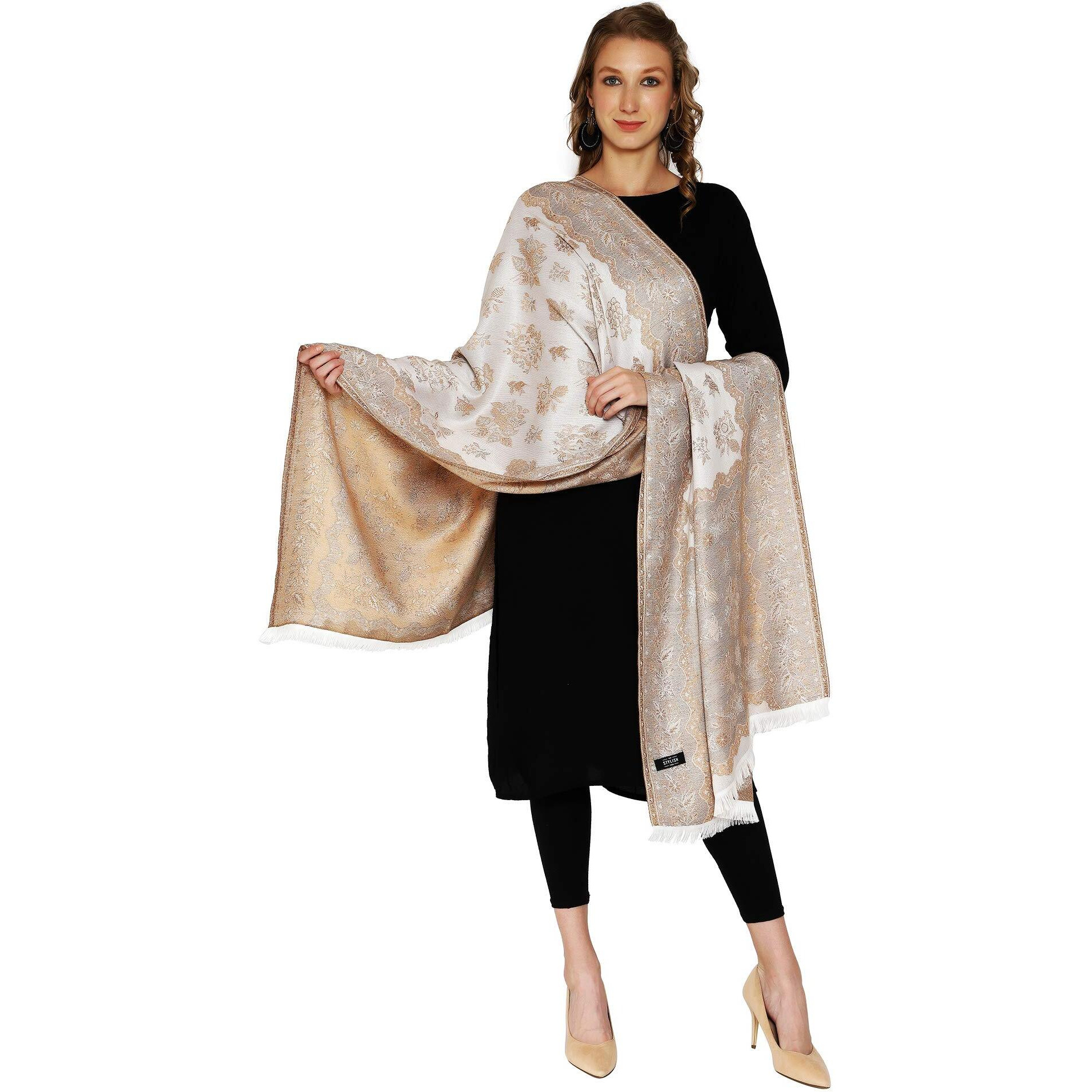 Swi With Label Women's Kashmiri Jamawar Woven Wool Stole (Jr530_White_Free Size)