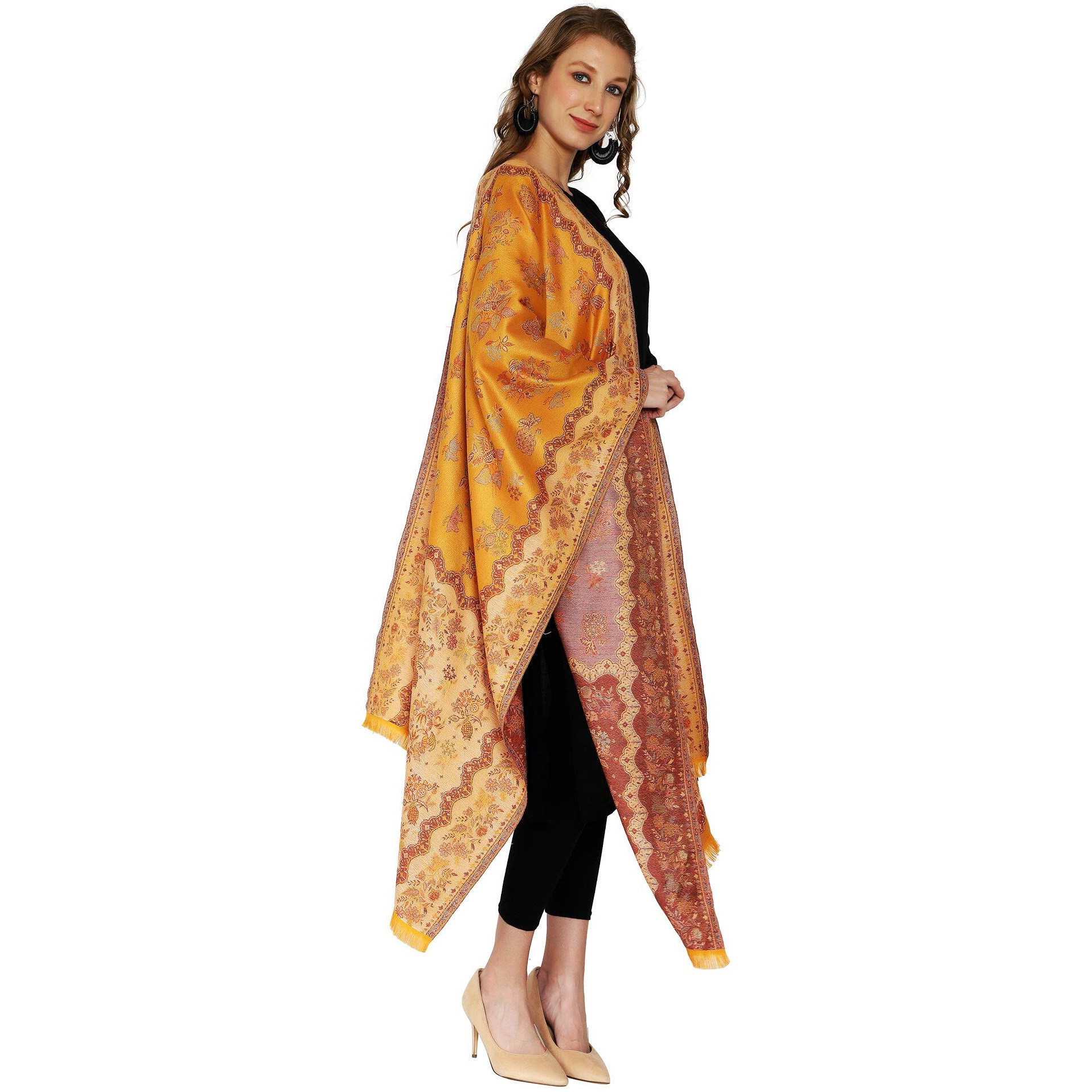 Swi With Label Women's Kashmiri Jamawar Woven Wool Stole (Jr530_Yellow_Free Size)