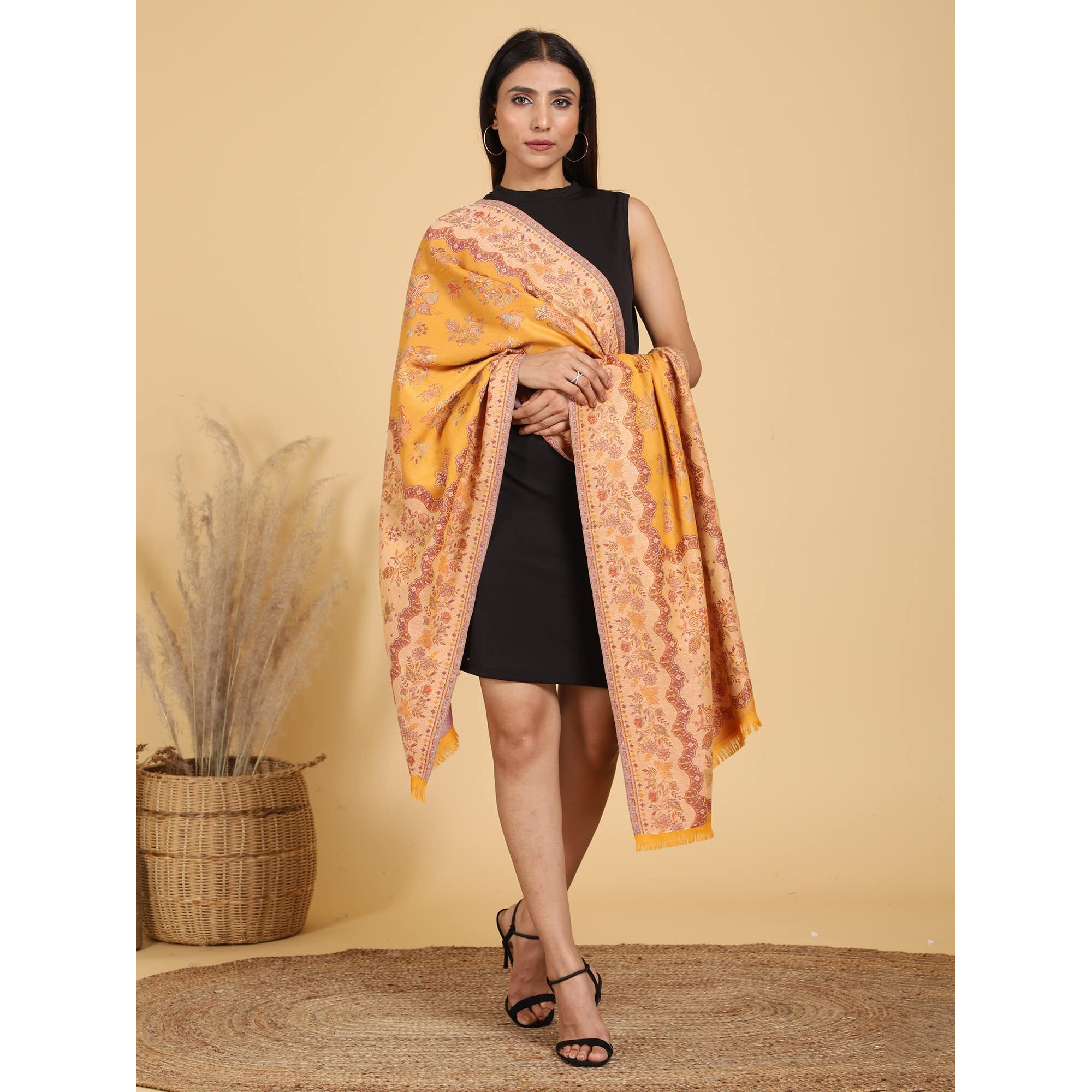 Swi With Label Women's Kashmiri Jamawar Woven Wool Stole (Jr530_Yellow_Free Size)