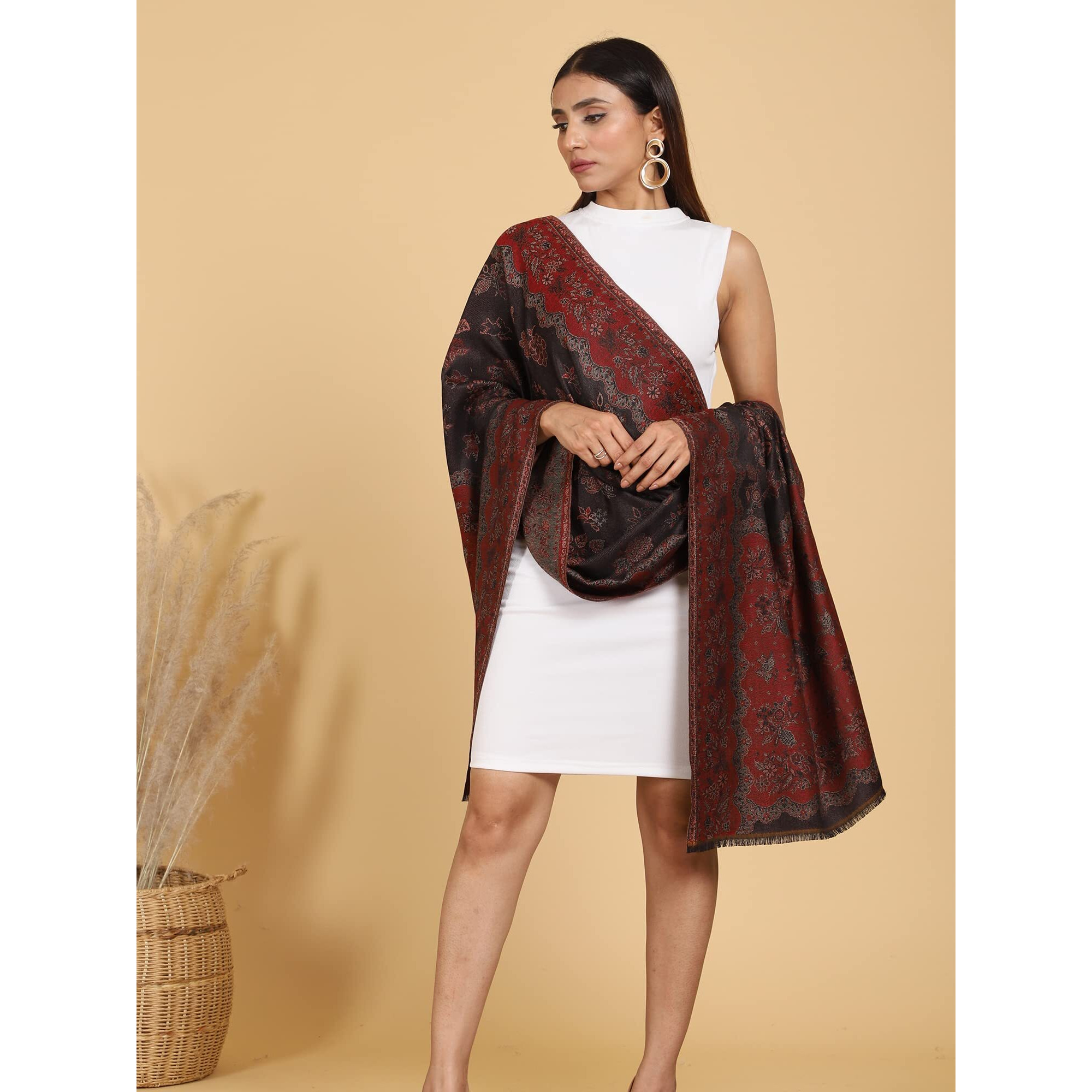 Swi With Label Women's Kashmiri Jamawar Woven Wool Stole (Jr530_Black_Free Size)