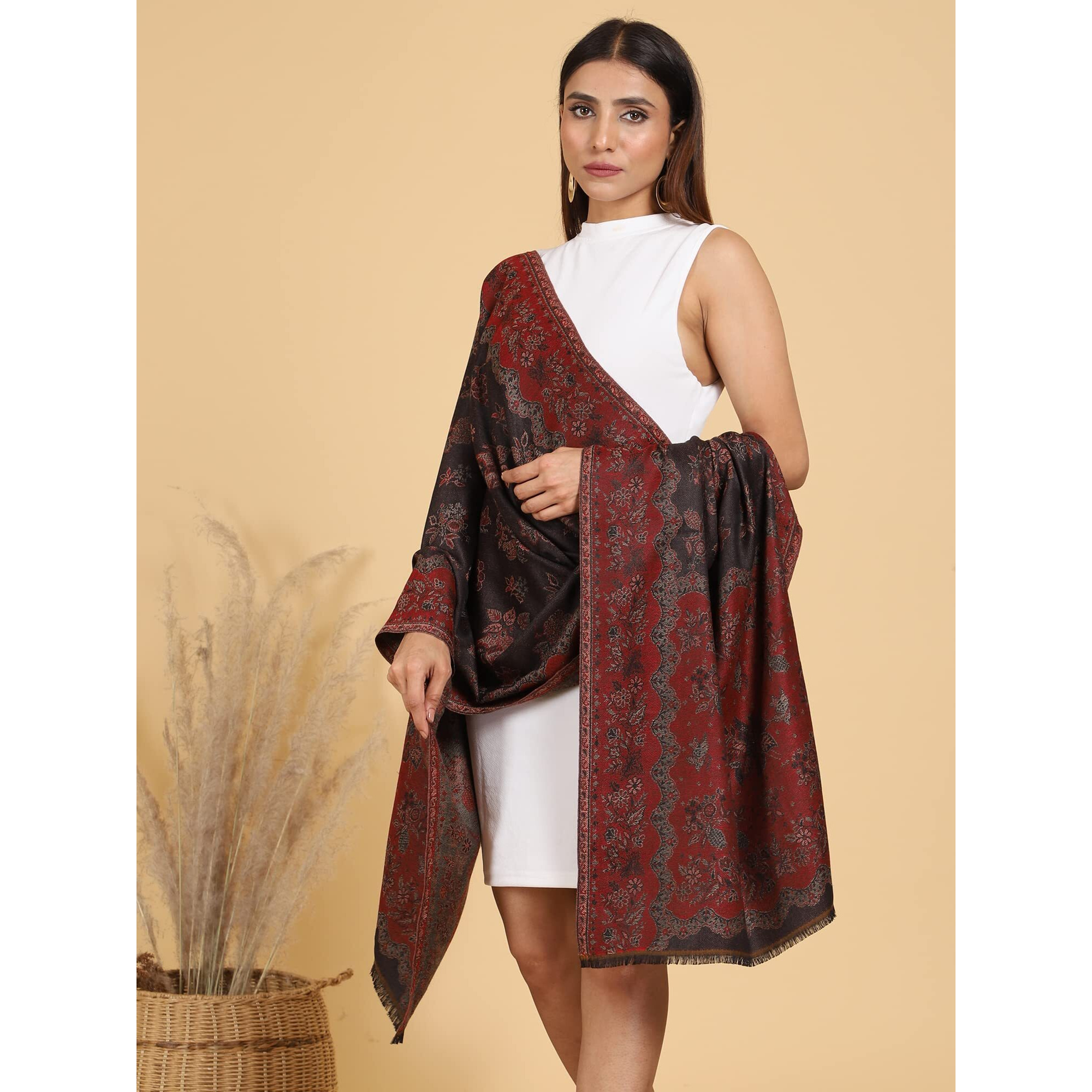 Swi With Label Women's Kashmiri Jamawar Woven Wool Stole (Jr530_Black_Free Size)