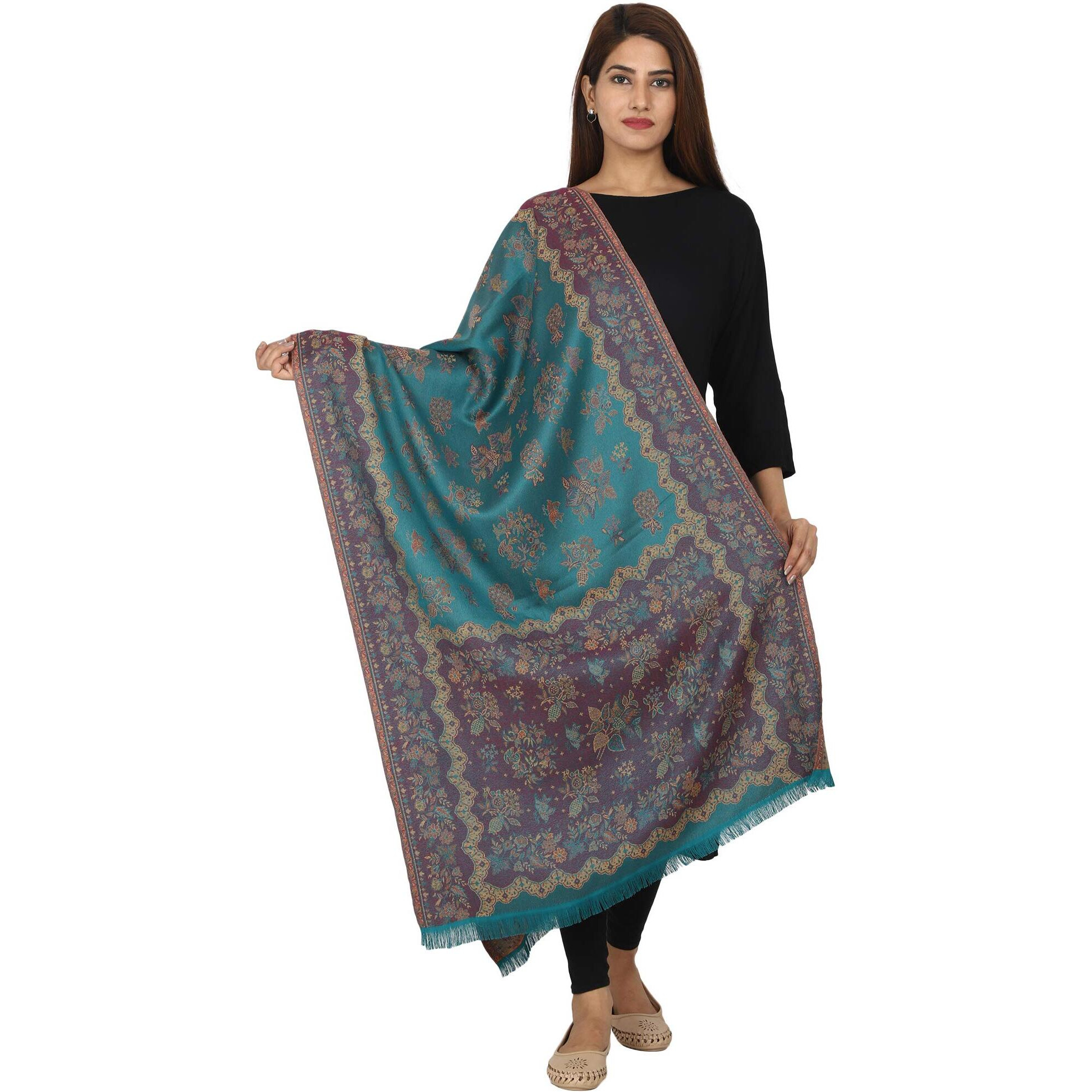 Swi With Label Women's Kashmiri Jamawar Woven Wool Stole (Jr530_Turquoise_Free Size)
