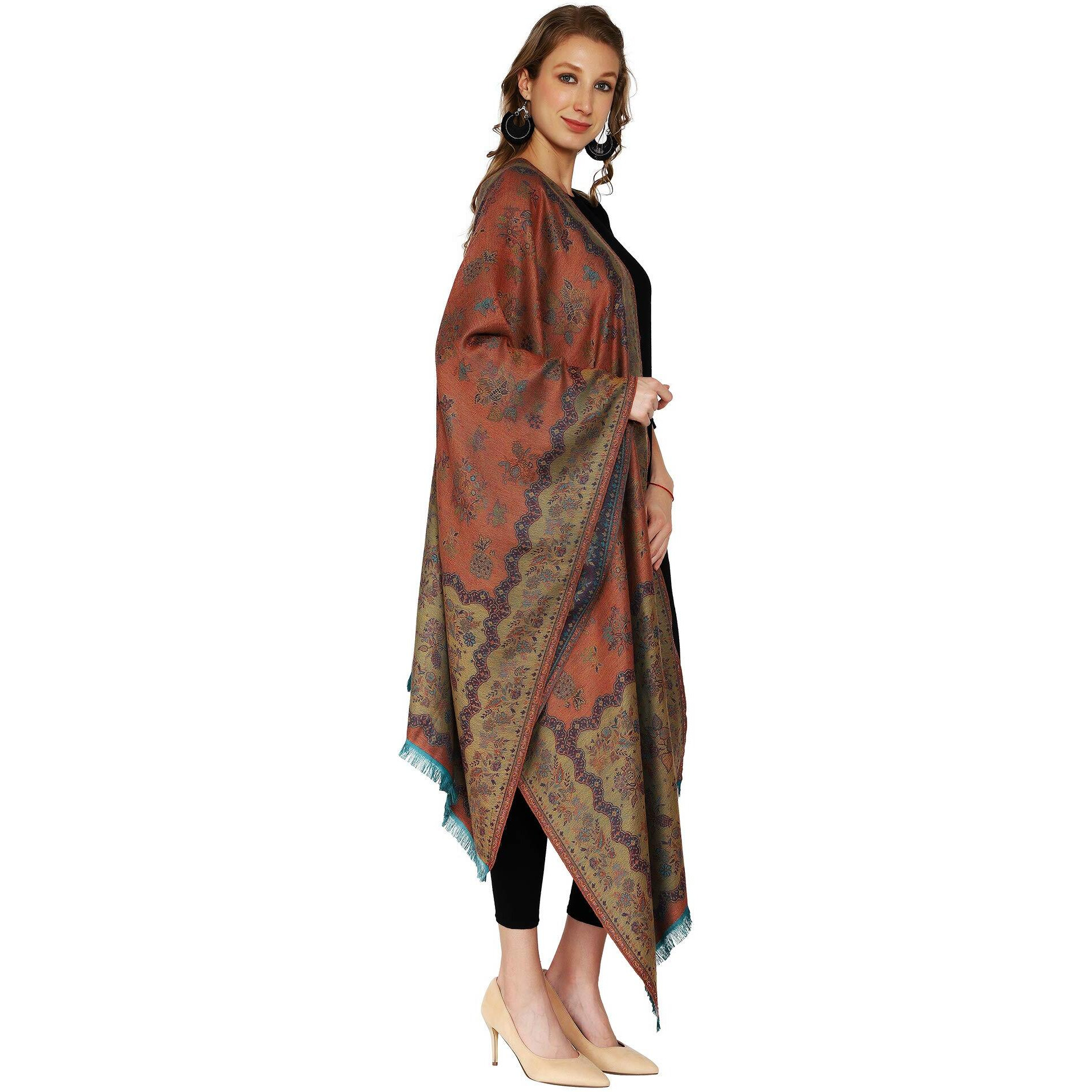 Swi With Label Women's Kashmiri Jamawar Woven Wool Stole (Jr530_Turquoise_Free Size)