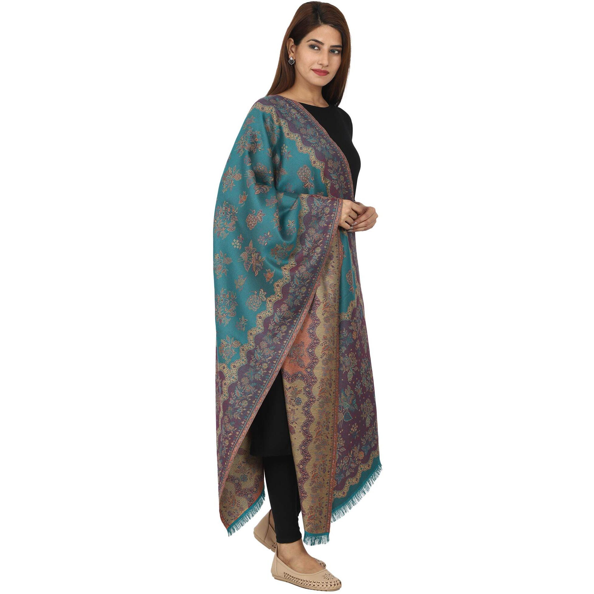 Swi With Label Women's Kashmiri Jamawar Woven Wool Stole (Jr530_Turquoise_Free Size)