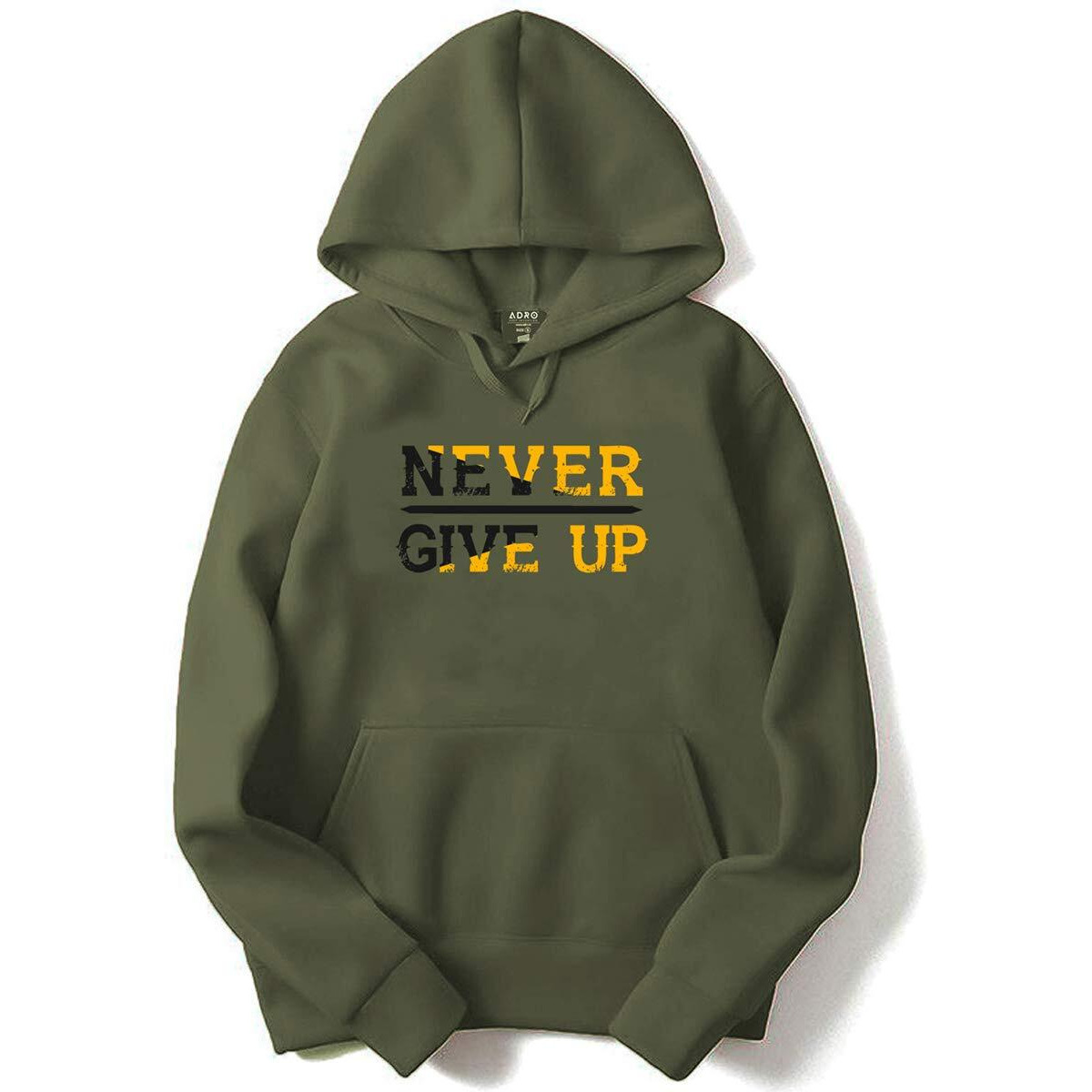 Adro Never Give Up Design Printed Hoodies/Sweatshirts For Men & Women (H20-M-Ngu-Ol_Olive_Xl)