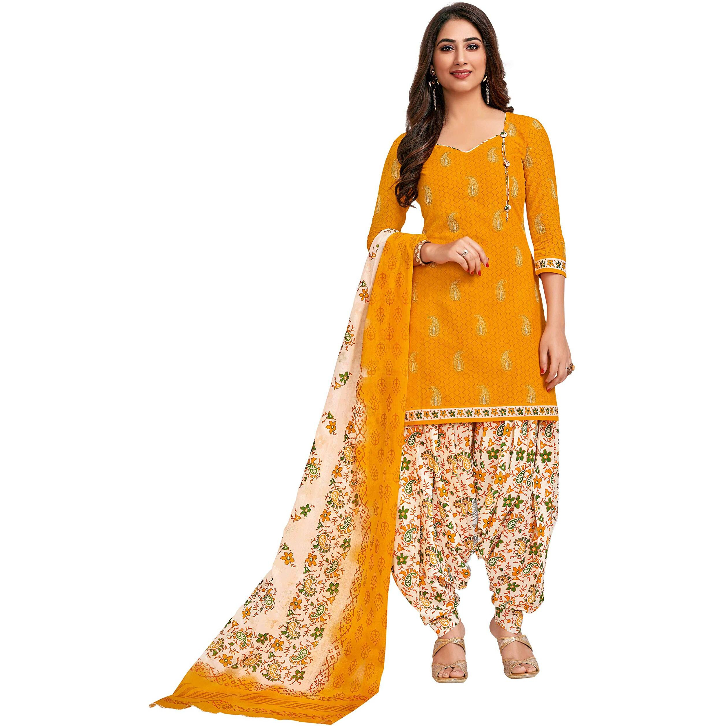 Miraan Cotton Printed Readymade Salwar Suit For Women(Miraansg118L, Large, Yellow)