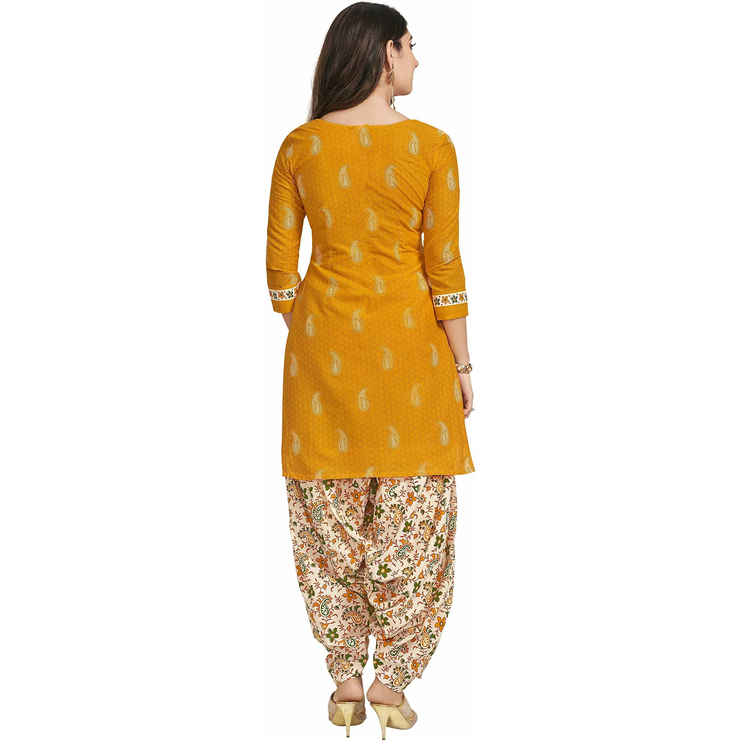 Miraan Cotton Printed Readymade Salwar Suit For Women(Miraansg118L, Large, Yellow)