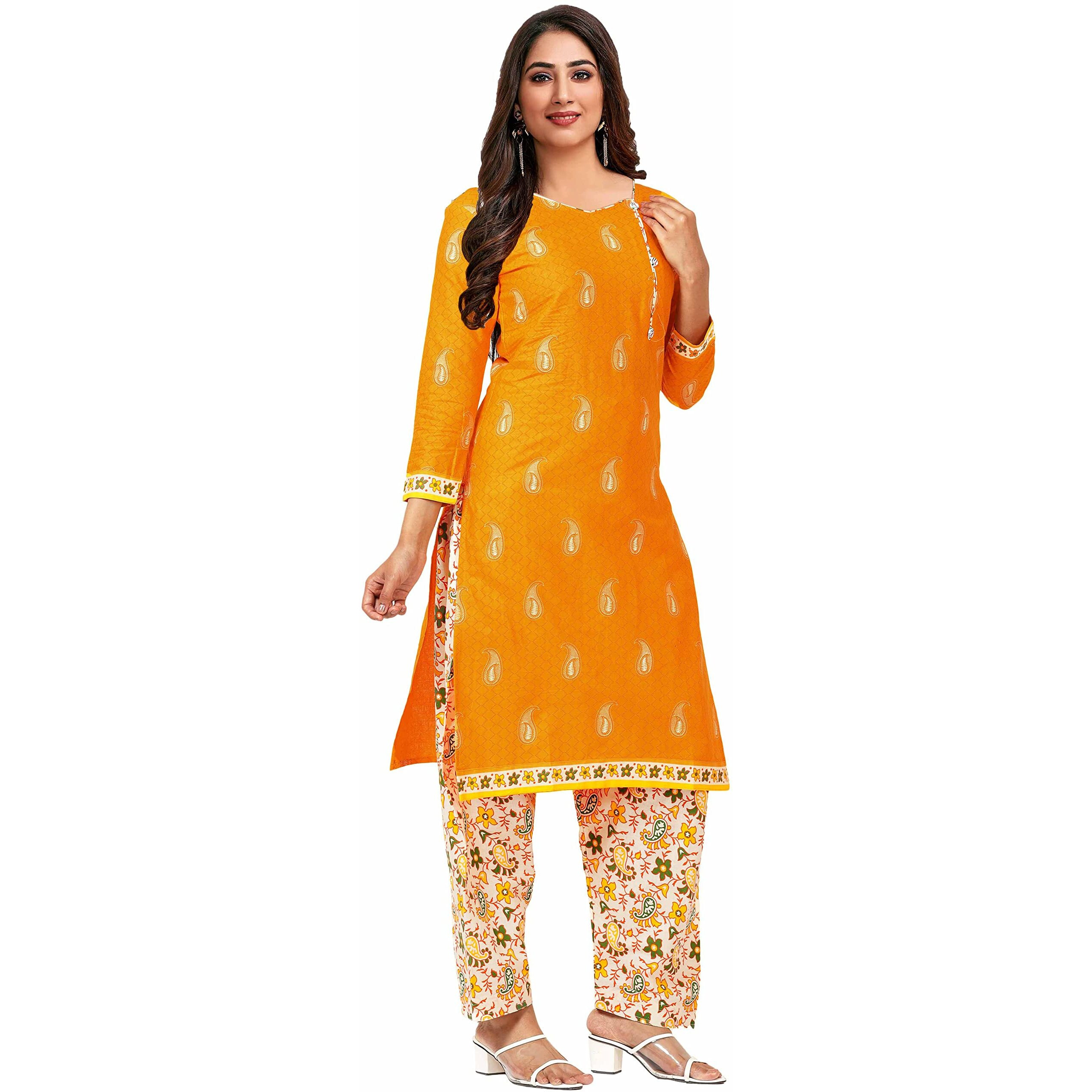 Miraan Cotton Printed Readymade Salwar Suit For Women(Miraansg118L, Large, Yellow)