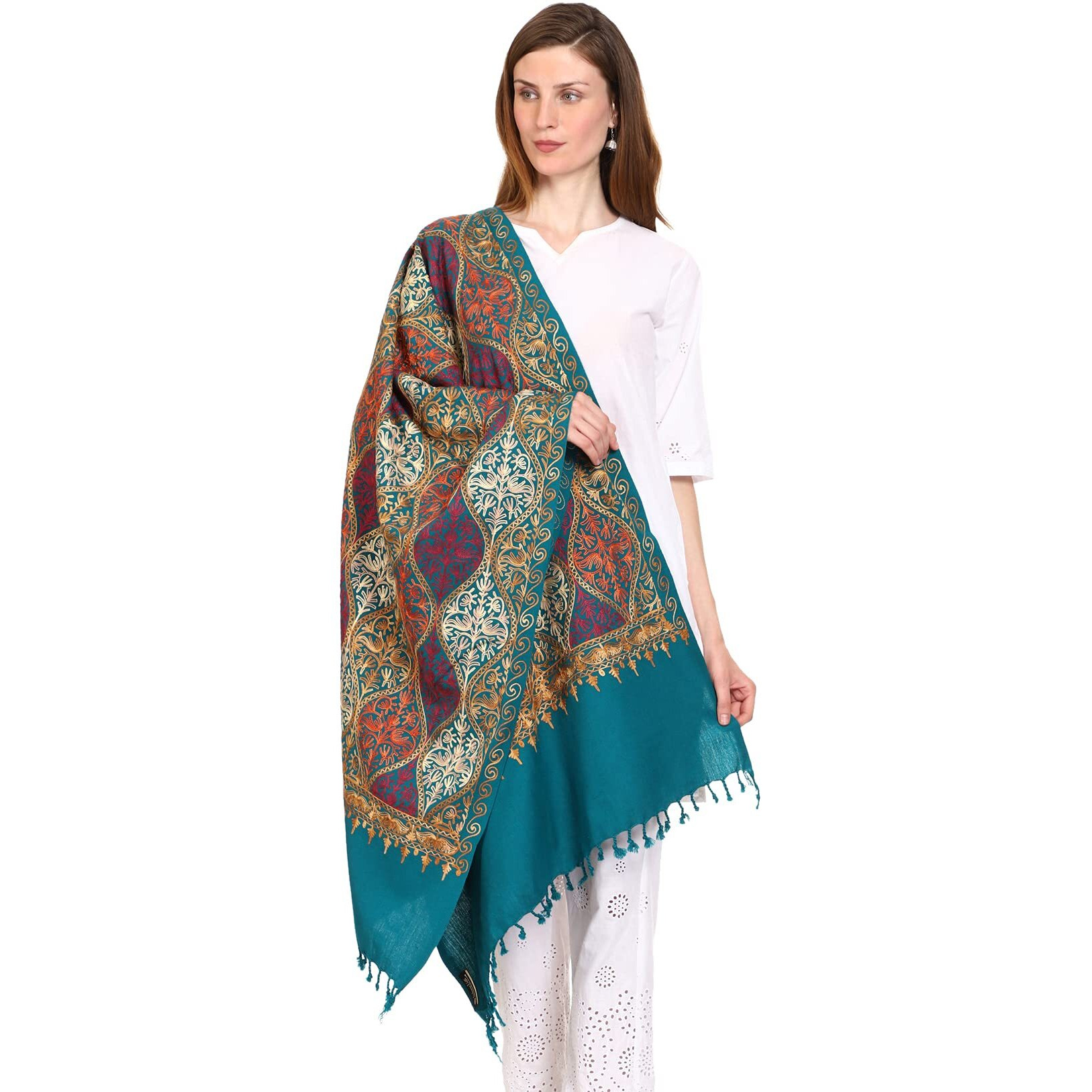 Weavers Villa Women's Wool Blend Full Embroidery Matka Shawls, Stoles (New Green), 75Cm X 200Cm
