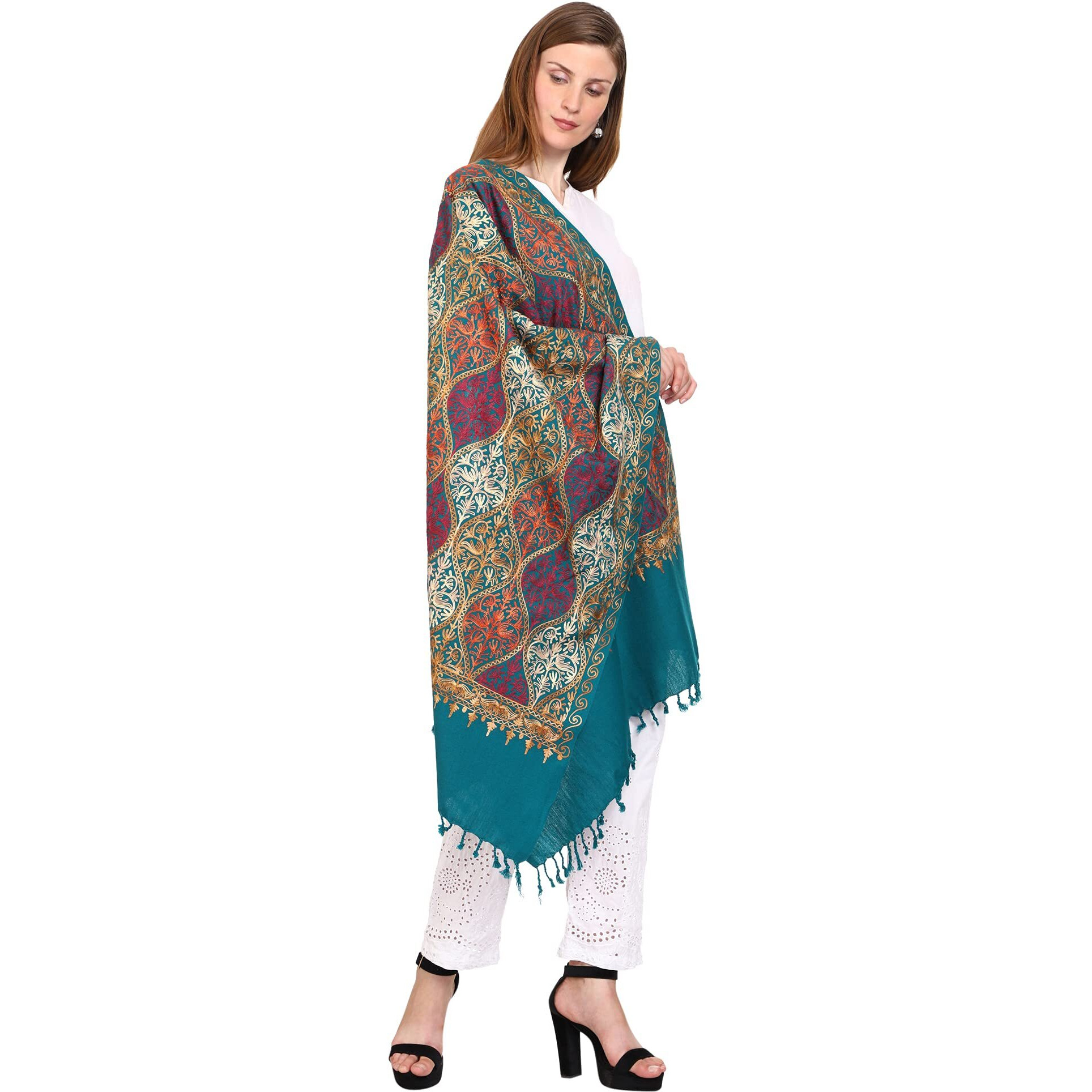 Weavers Villa Women's Wool Blend Full Embroidery Matka Shawls, Stoles (New Green), 75Cm X 200Cm