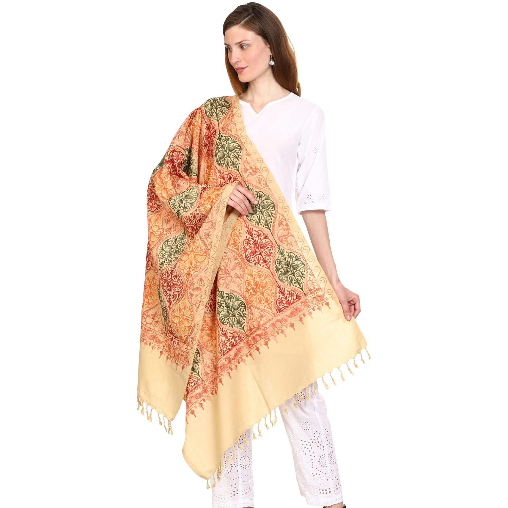Weavers Villa Women's Wool Blend Full Embroidery Matka Shawls, Stoles (Beige), 75Cm X 200Cm
