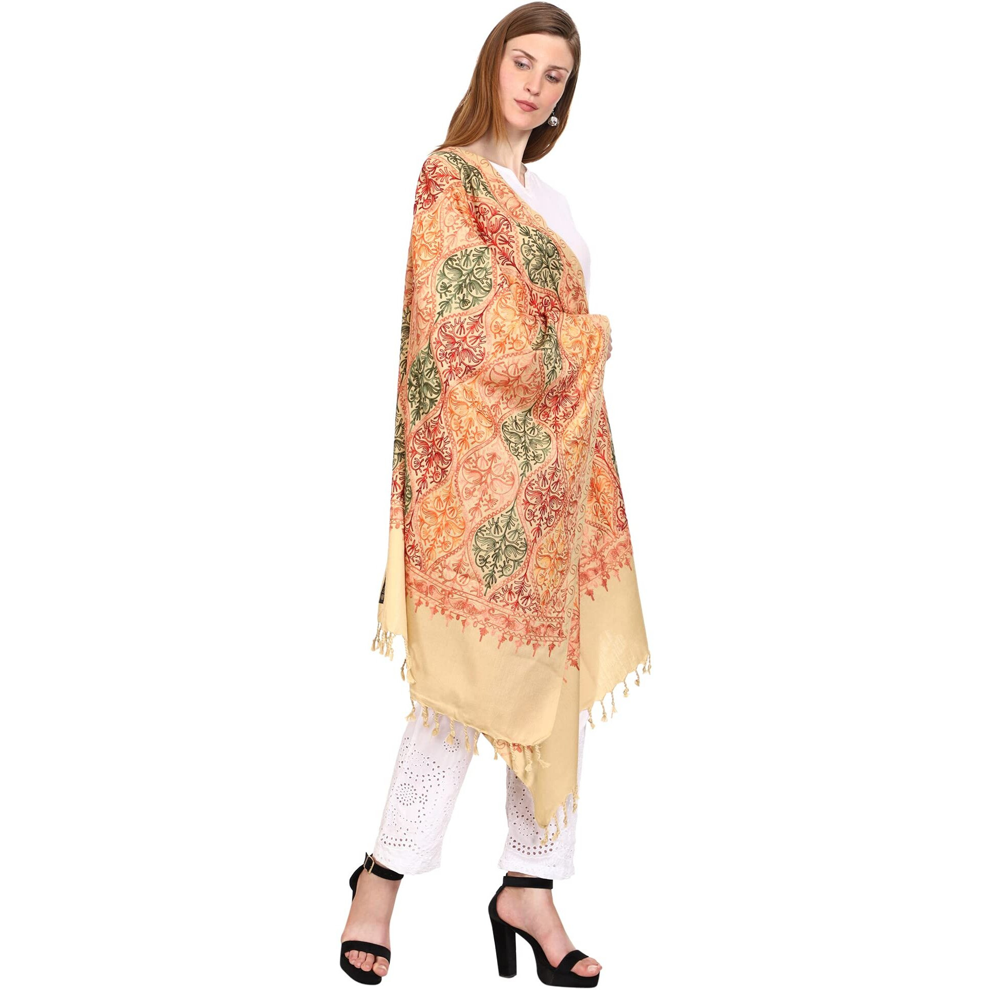 Weavers Villa Women's Wool Blend Full Embroidery Matka Shawls, Stoles (Beige), 75Cm X 200Cm