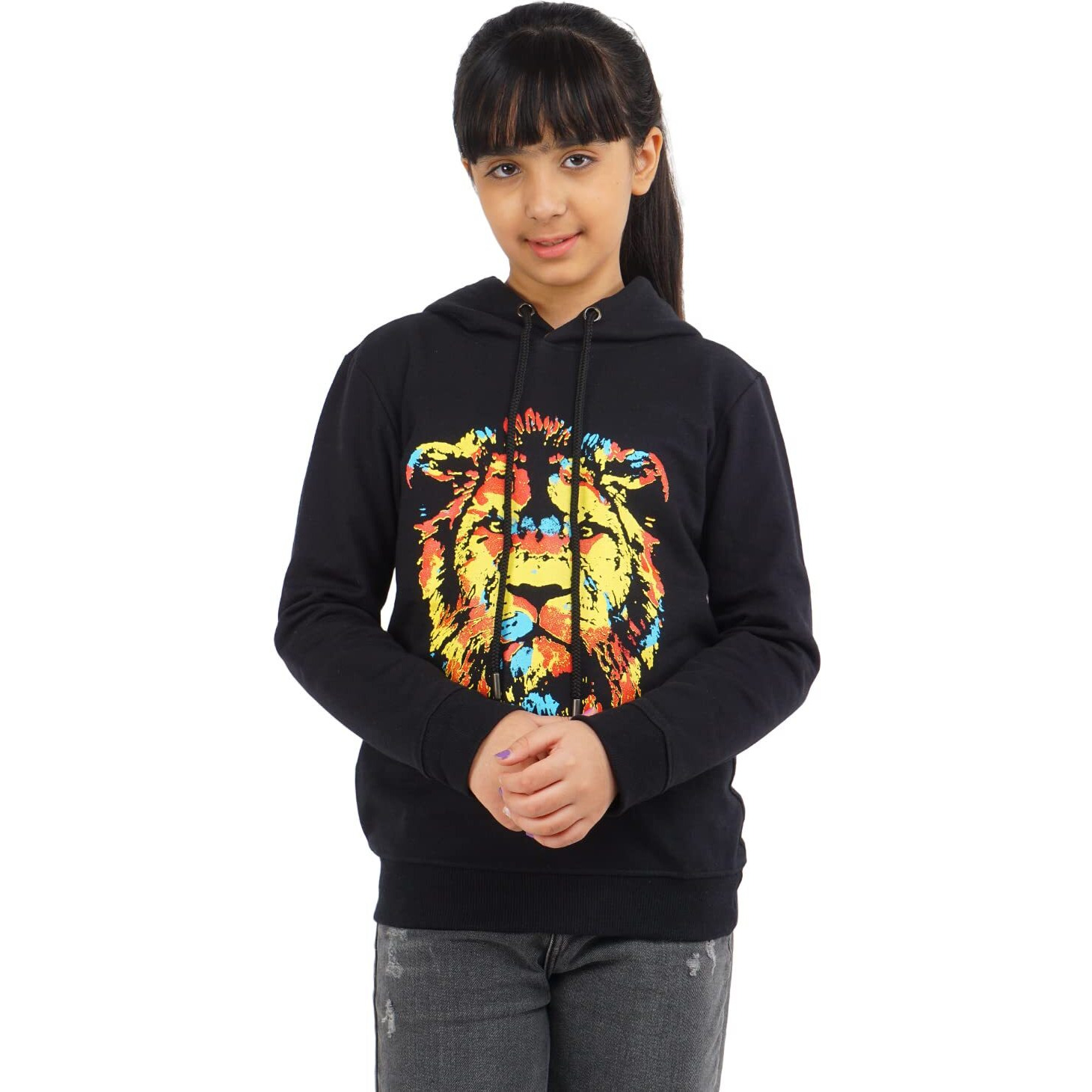 Real Basics Girls Cotton Hooded Sweatshirt(Rb-Ghood-P1-1314-Lion_Multicolor_13-14 Years)