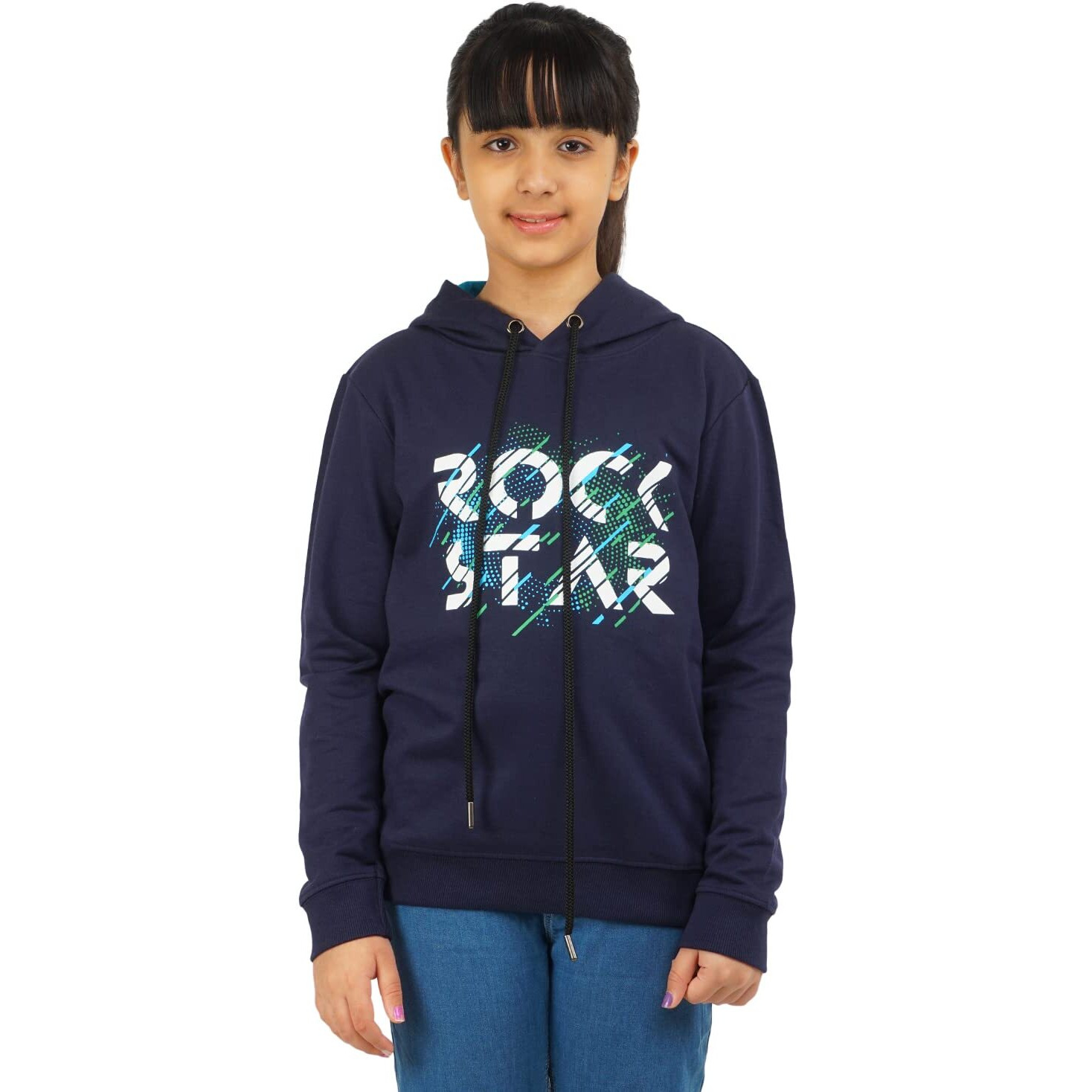 Real Basics Girls Cotton Hooded Sweatshirt(Rb-Ghood-P1-910-Roctstar_Multicolor_9-10 Years)