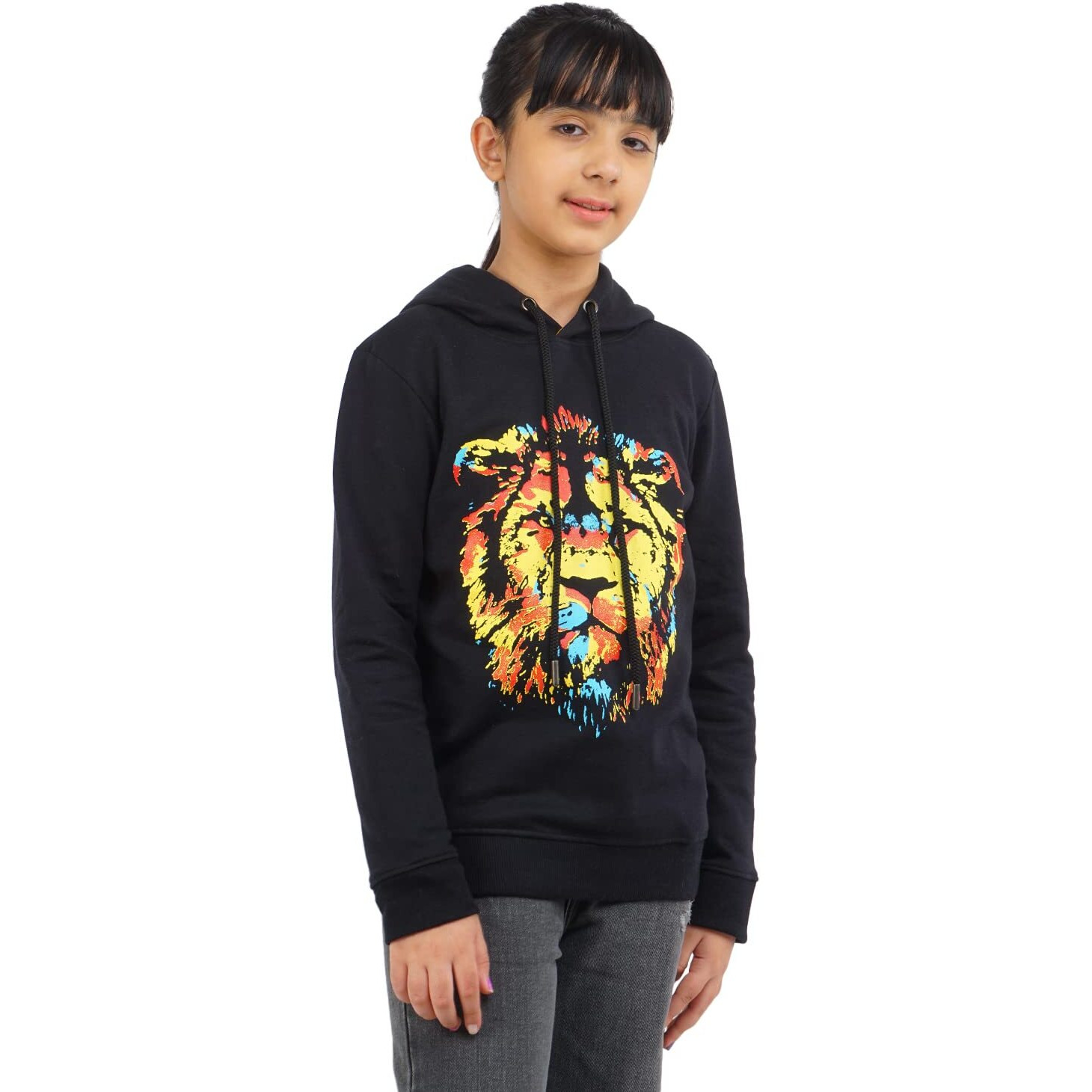 Real Basics Girls Cotton Hooded Sweatshirt(Rb-Ghood-P1-34-Lion_Multicolor_3-4 Years)