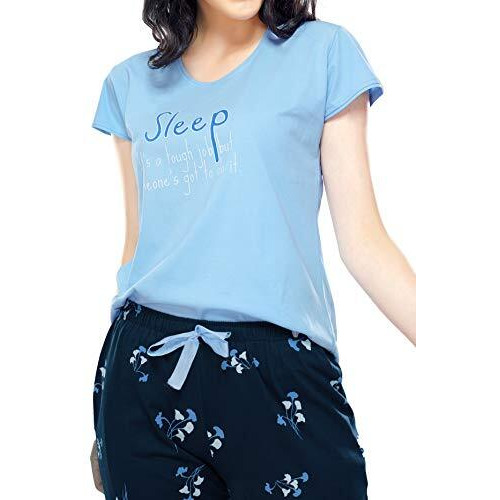Zeyo Women's Cotton Floral Printed Blue Night Suit Set Of Top & Pyjama 5310, Large