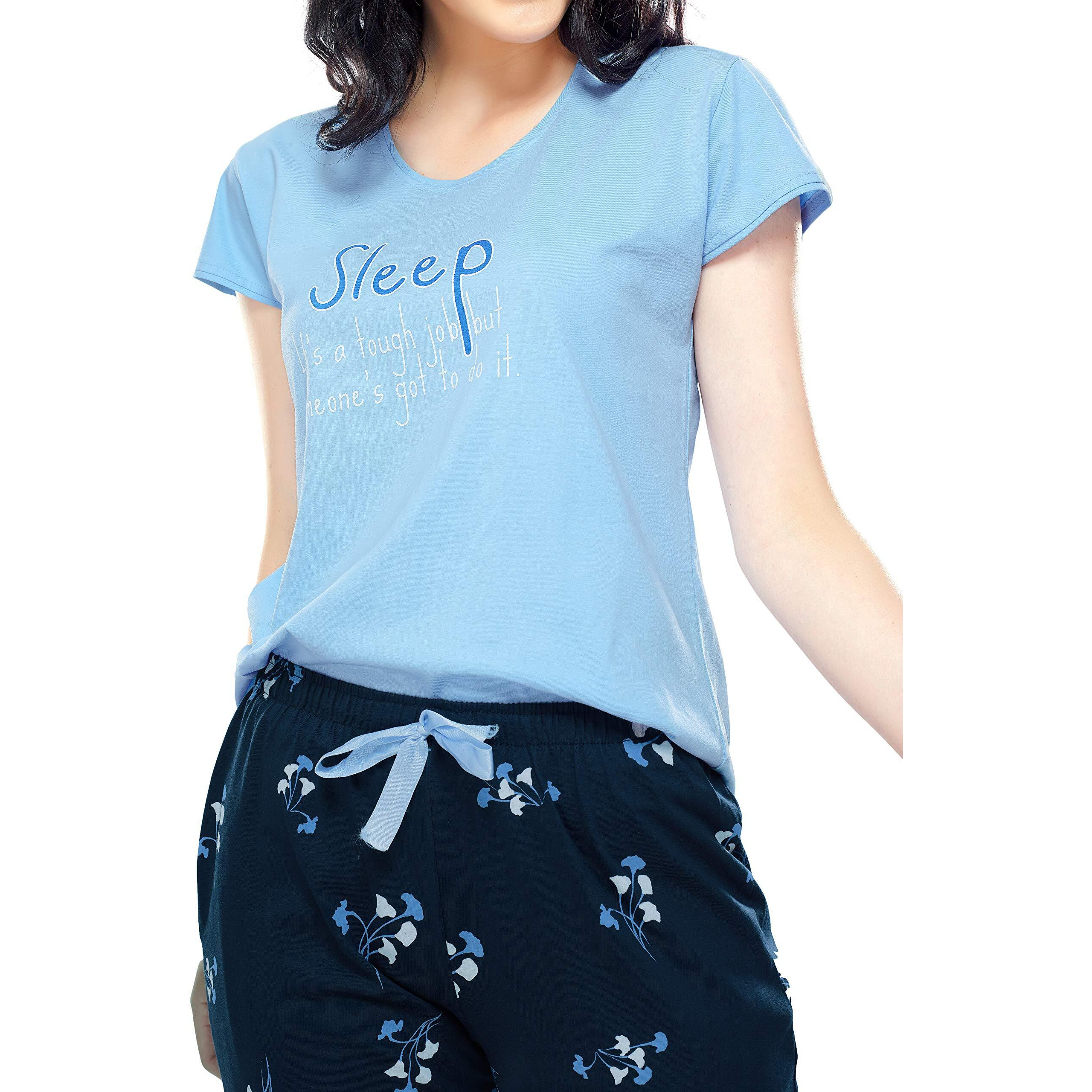 Zeyo Women's Cotton Floral Printed Blue Night Suit Set Of Top & Pyjama 5310, Small