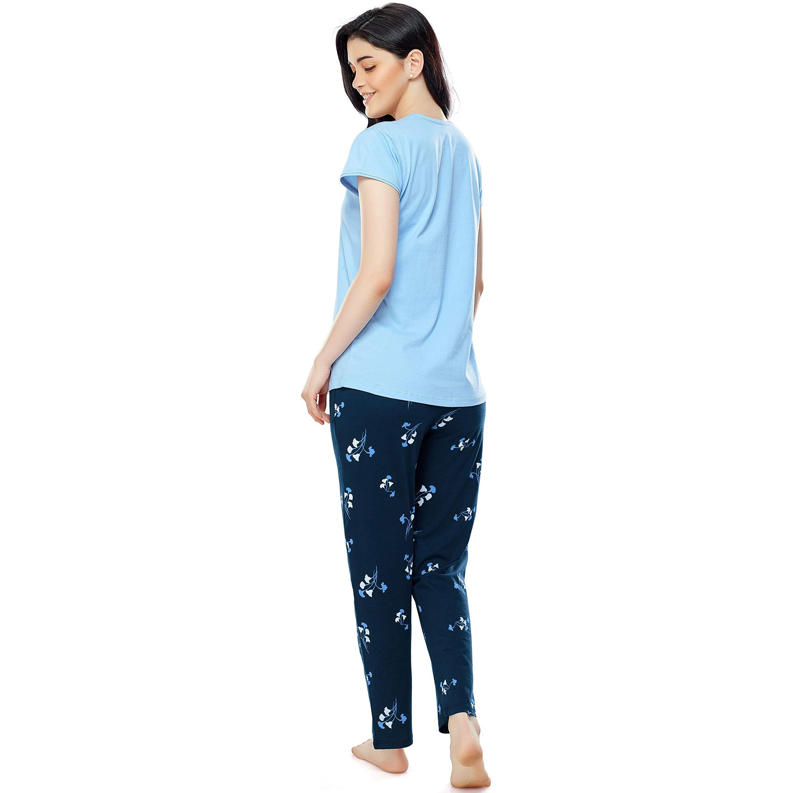 Zeyo Women's Cotton Floral Printed Blue Night Suit Set Of Top & Pyjama 5310, Small