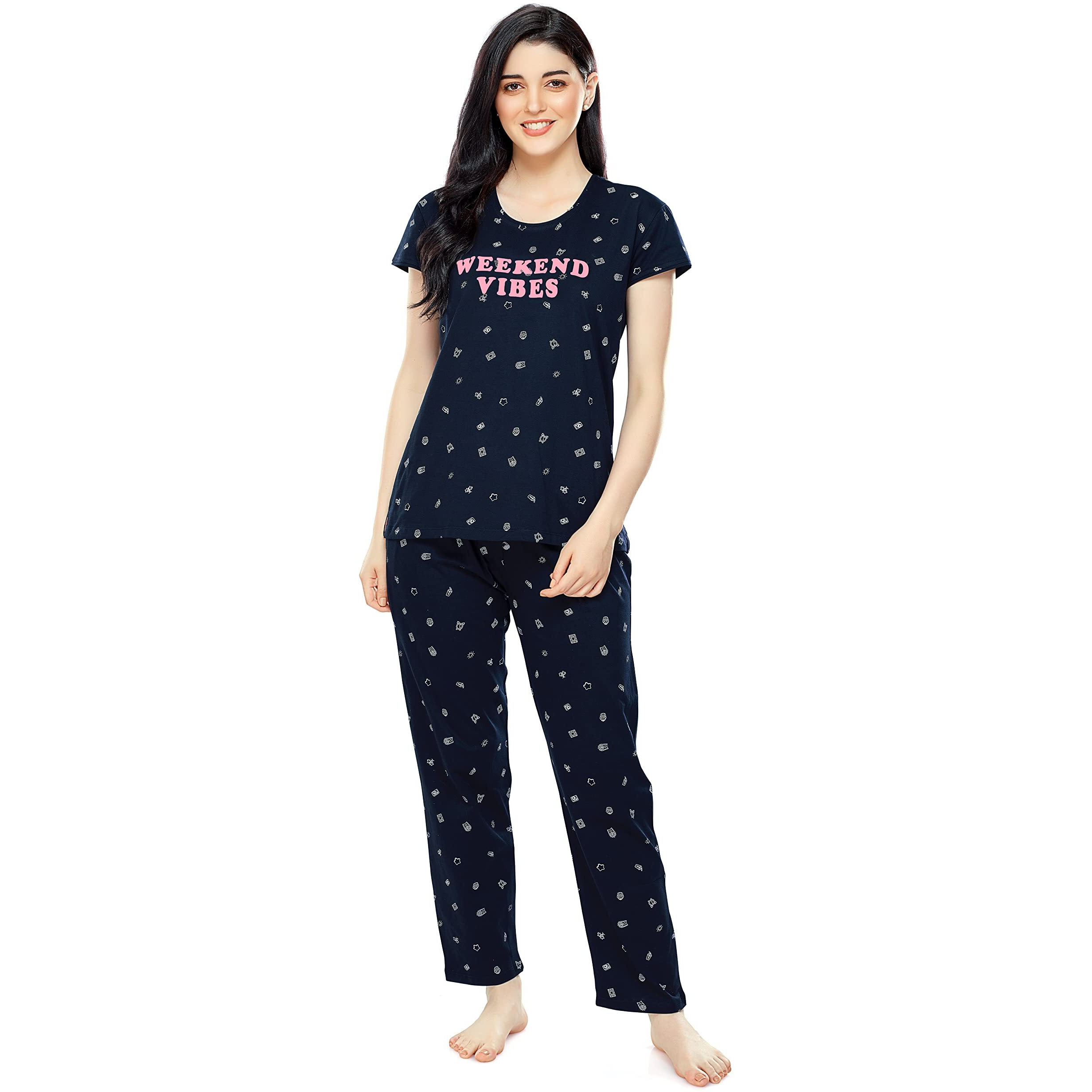 Zeyo Women's Cotton Printed Navy Blue Night Suit Set/Pajama Set Of Top & Pyjama 5304