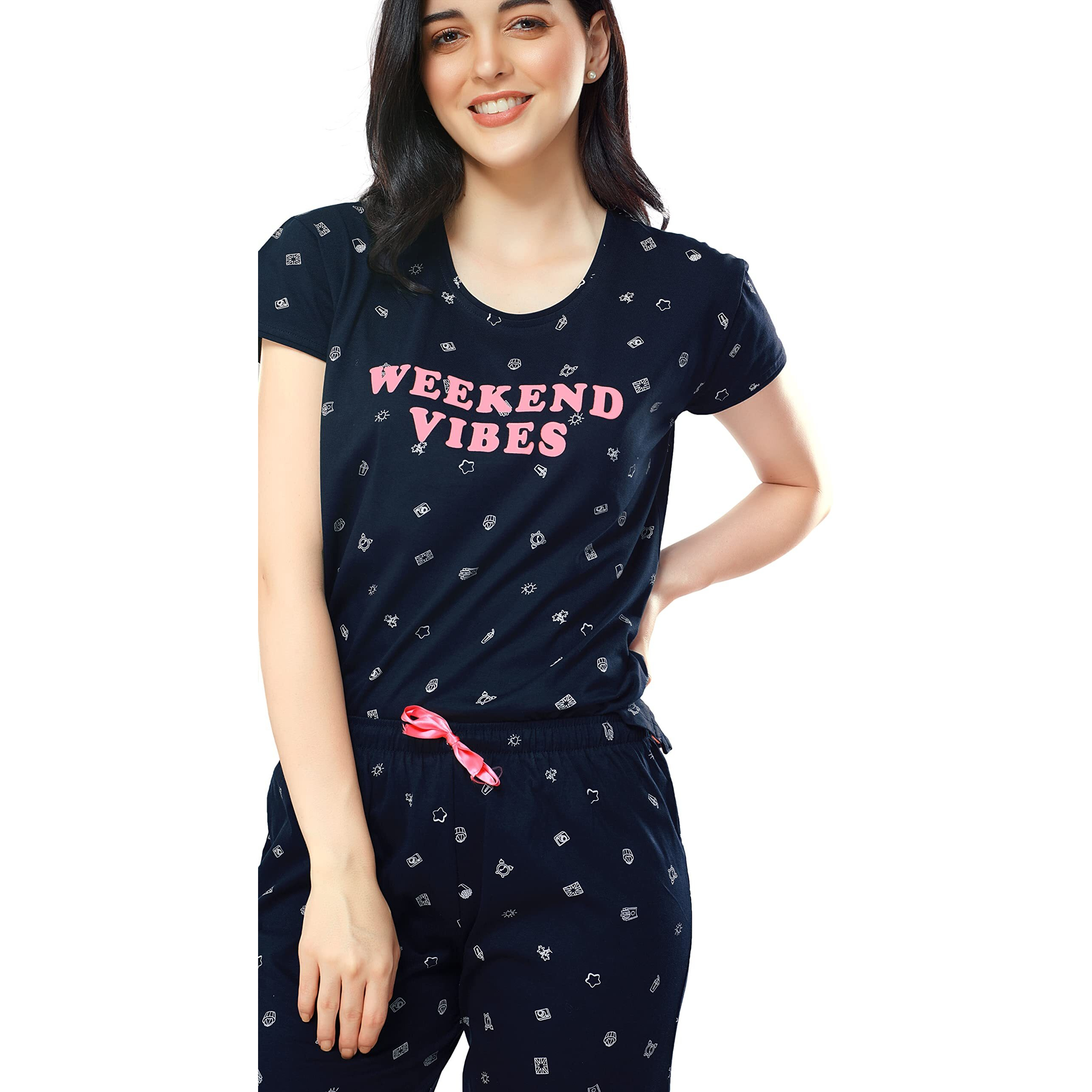 Zeyo Women's Cotton Printed Navy Blue Night Suit Set/Pajama Set Of Top & Pyjama 5304
