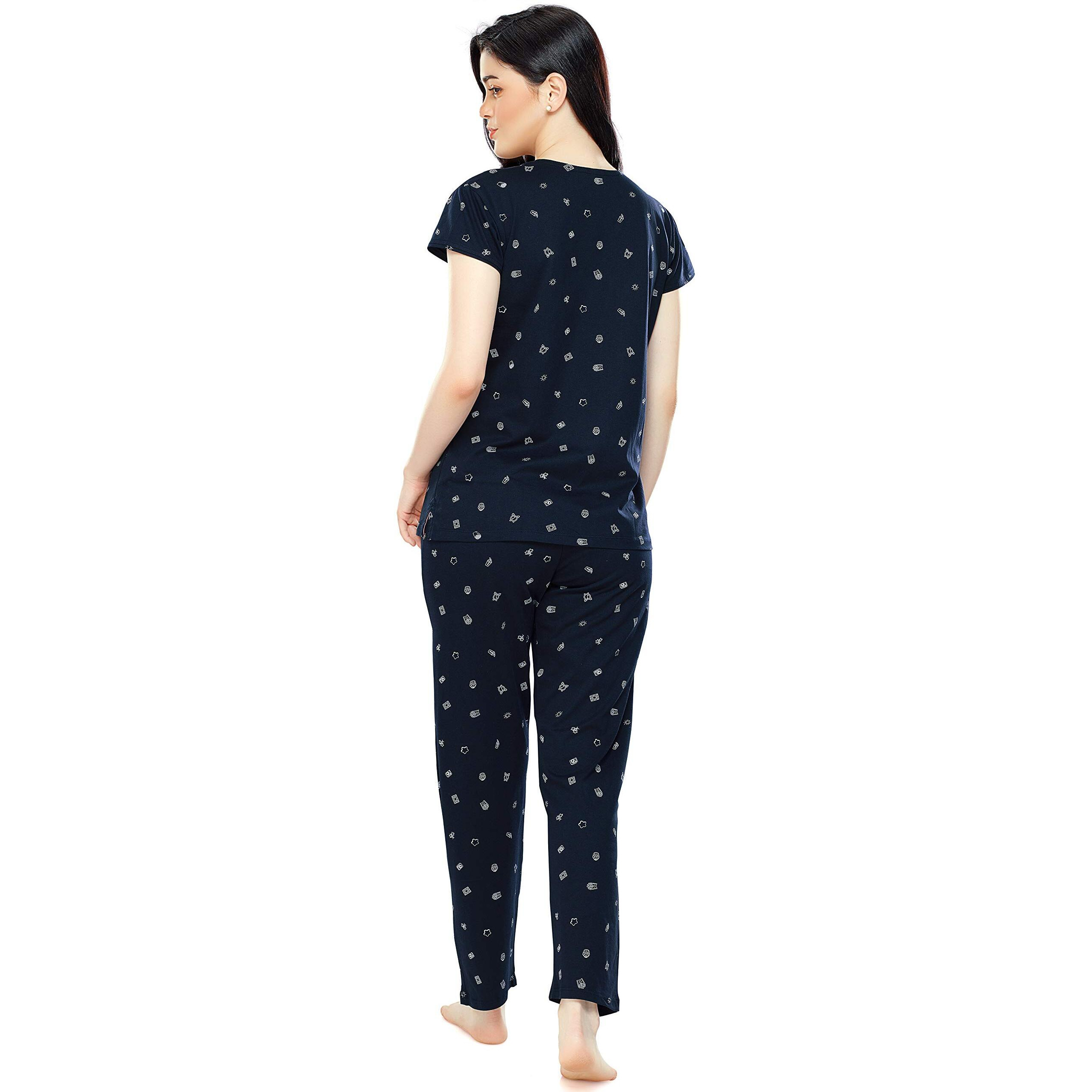 Zeyo Women's Cotton Printed Navy Blue Night Suit Set/Pajama Set Of Top & Pyjama 5304