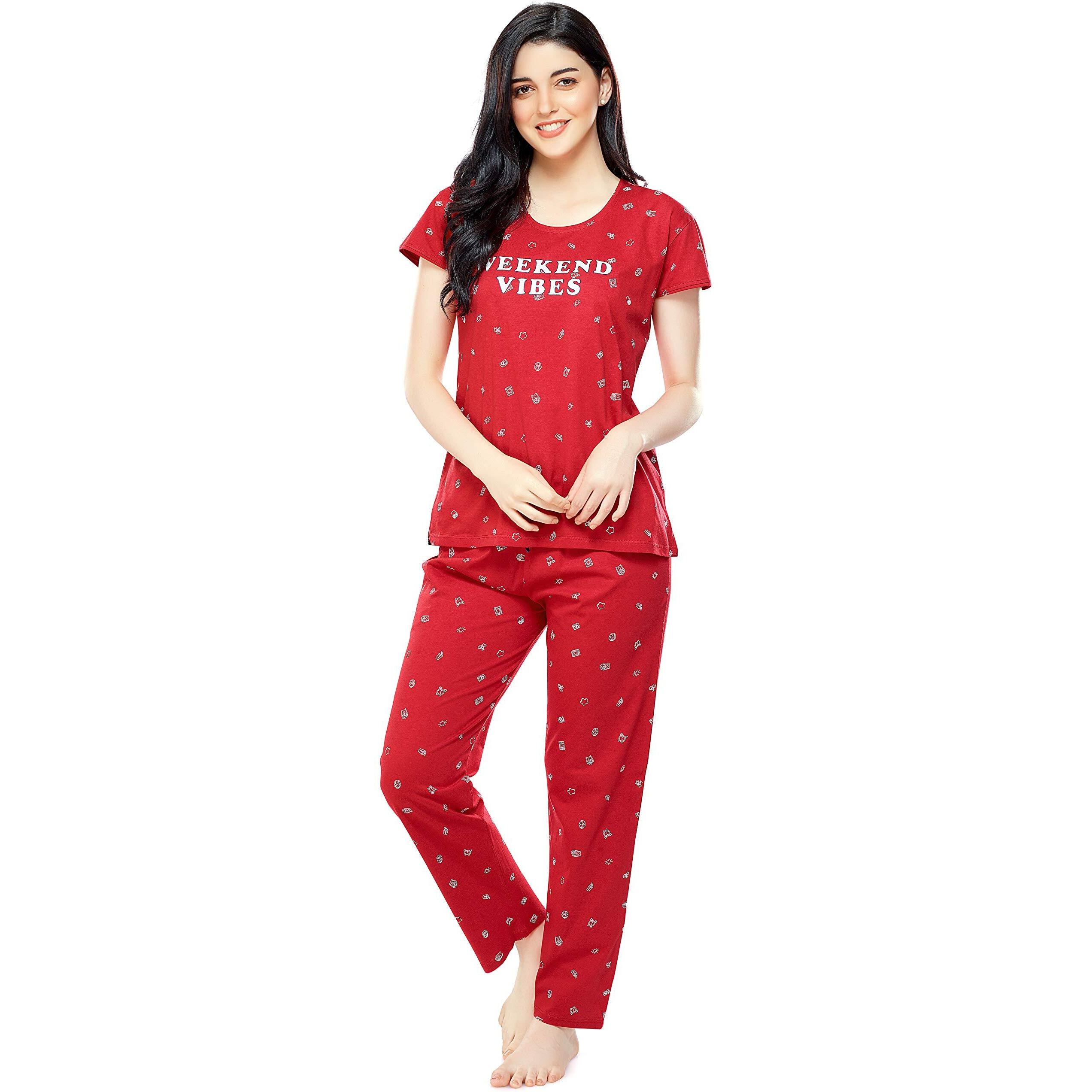 Zeyo Women's Cotton Printed Red Pajama Set Night Suit Set Of Top & Pyjama 5304, Medium