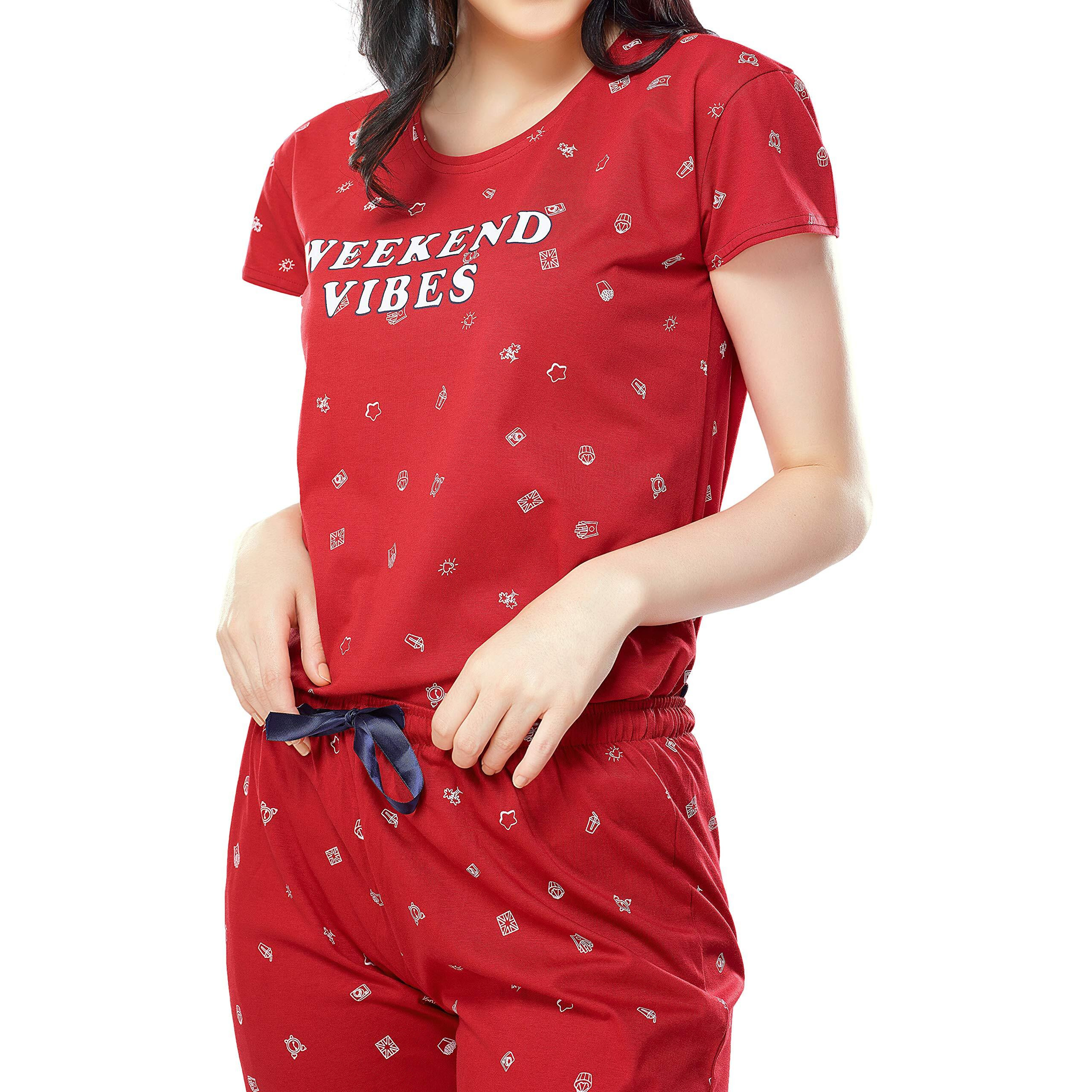Zeyo Women's Cotton Printed Red Pajama Set Night Suit Set Of Top & Pyjama 5304, Medium
