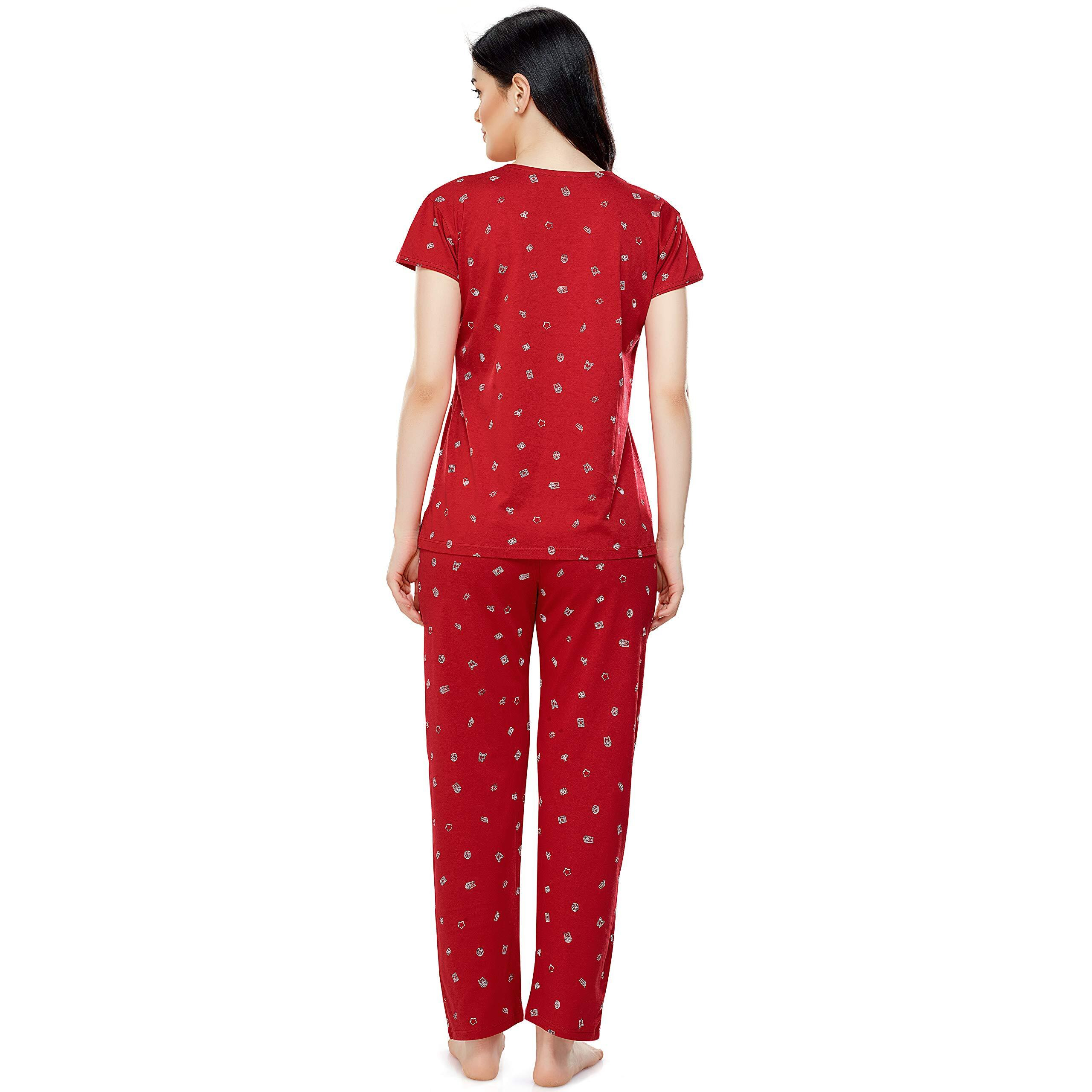 Zeyo Women's Cotton Printed Red Pajama Set Night Suit Set Of Top & Pyjama 5304, Medium