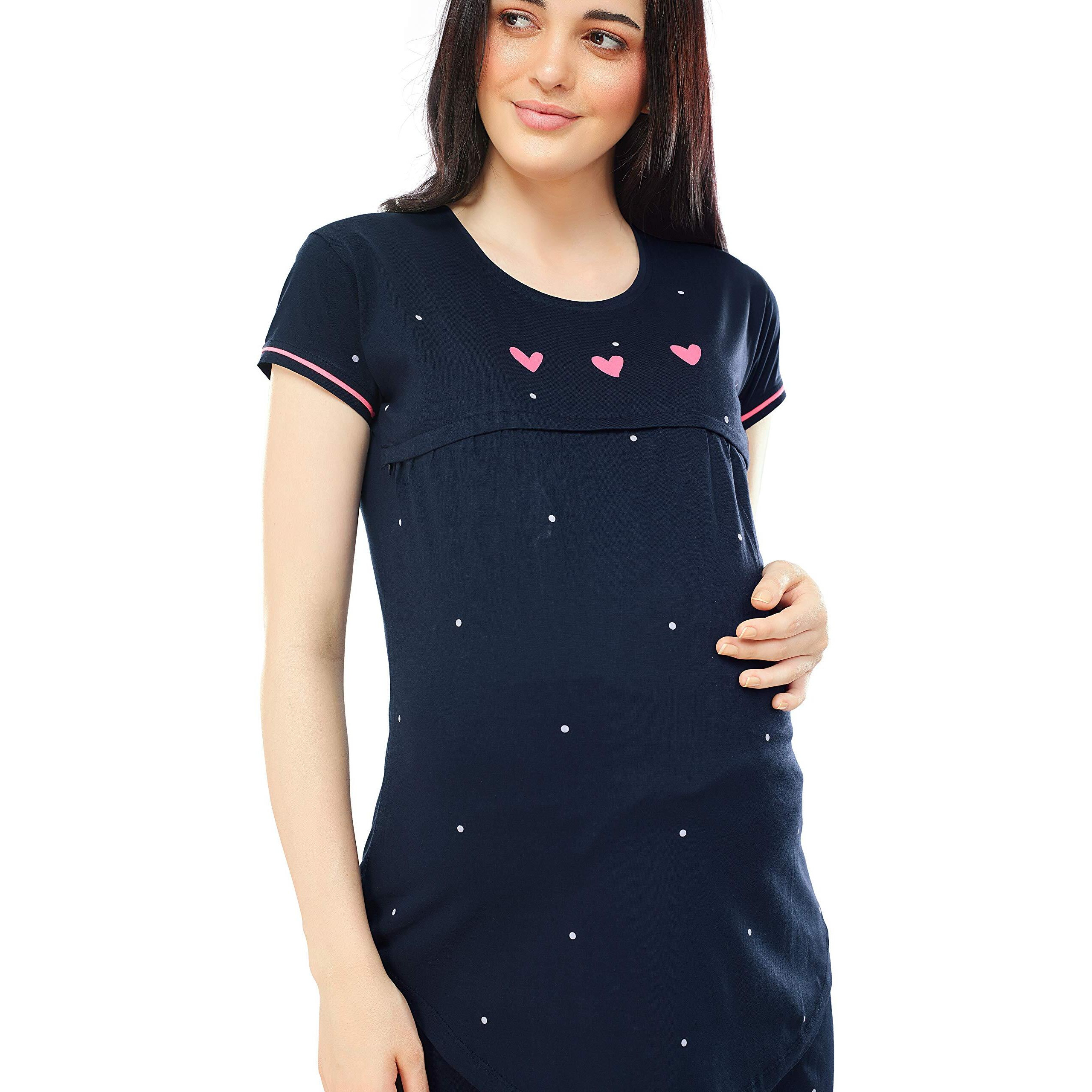 Zeyo Women's Cotton Dot Printed Navy Blue Maternity & Feeding Night Suit Set Of Pajama Set 5330, X-Large