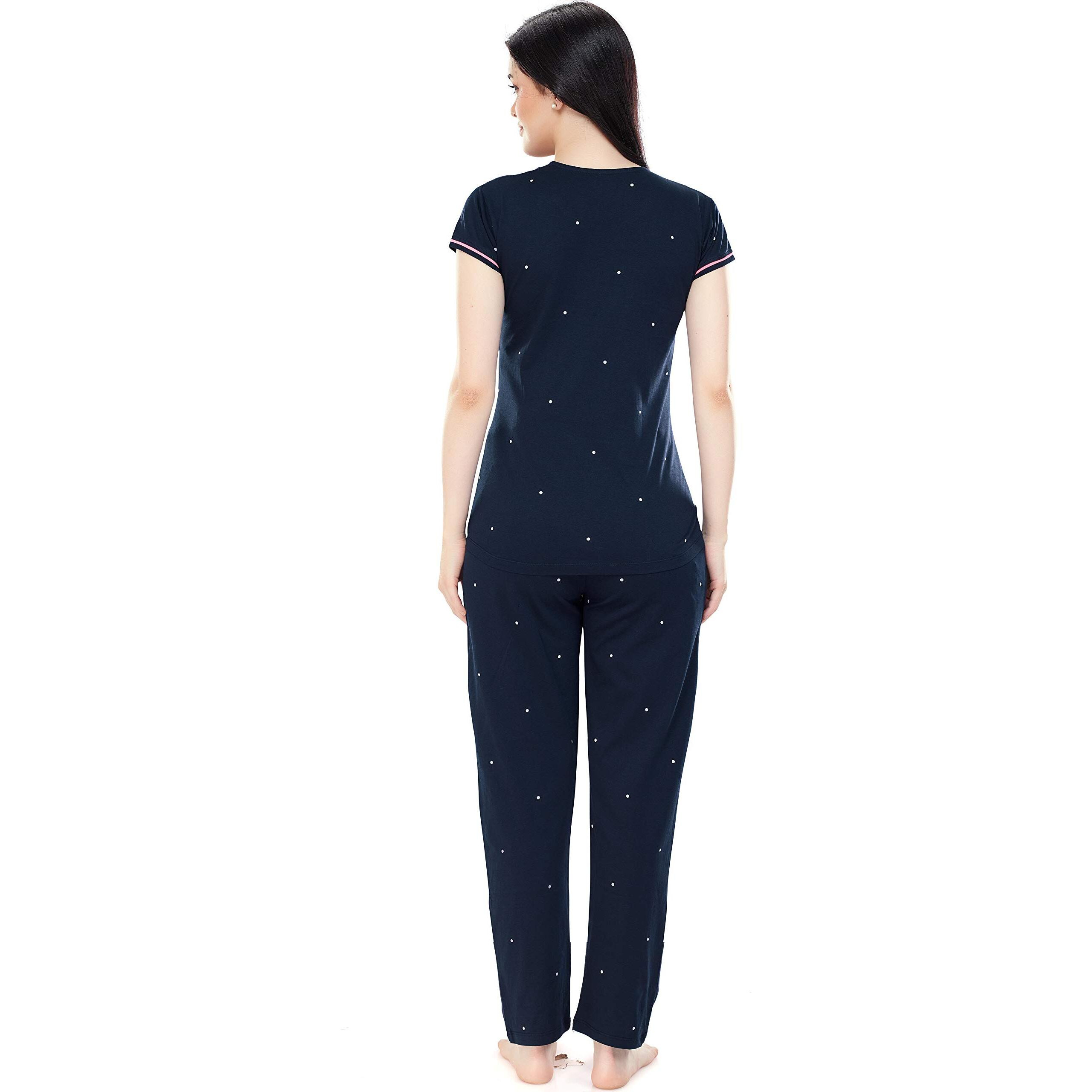 Zeyo Women's Cotton Dot Printed Navy Blue Maternity & Feeding Night Suit Set Of Pajama Set 5330, X-Large