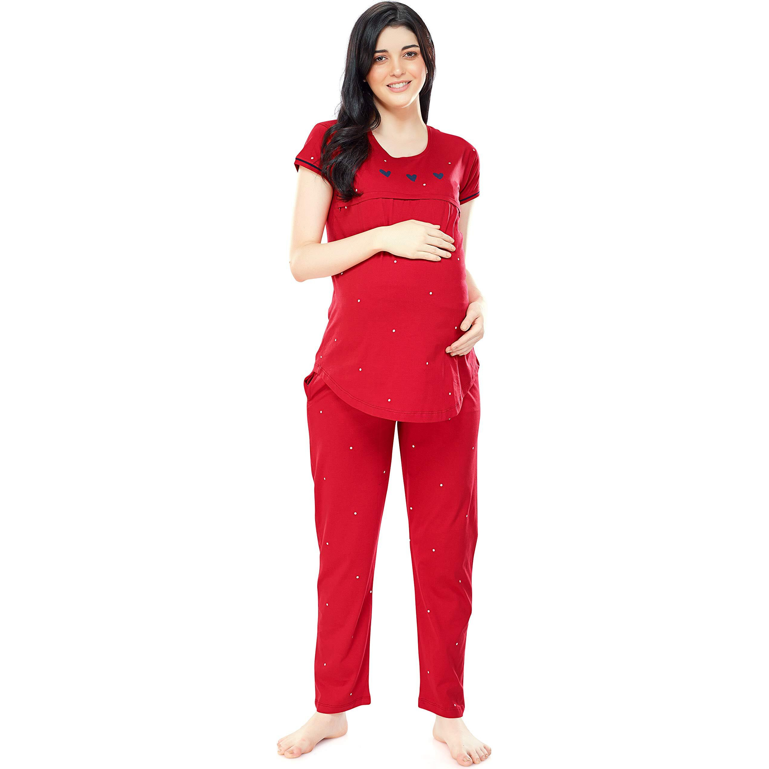 Zeyo Women's Cotton Dot Printed Red Maternity & Feeding Night Suit Set Of Top & Pyjama Nursing Night Dress 5330