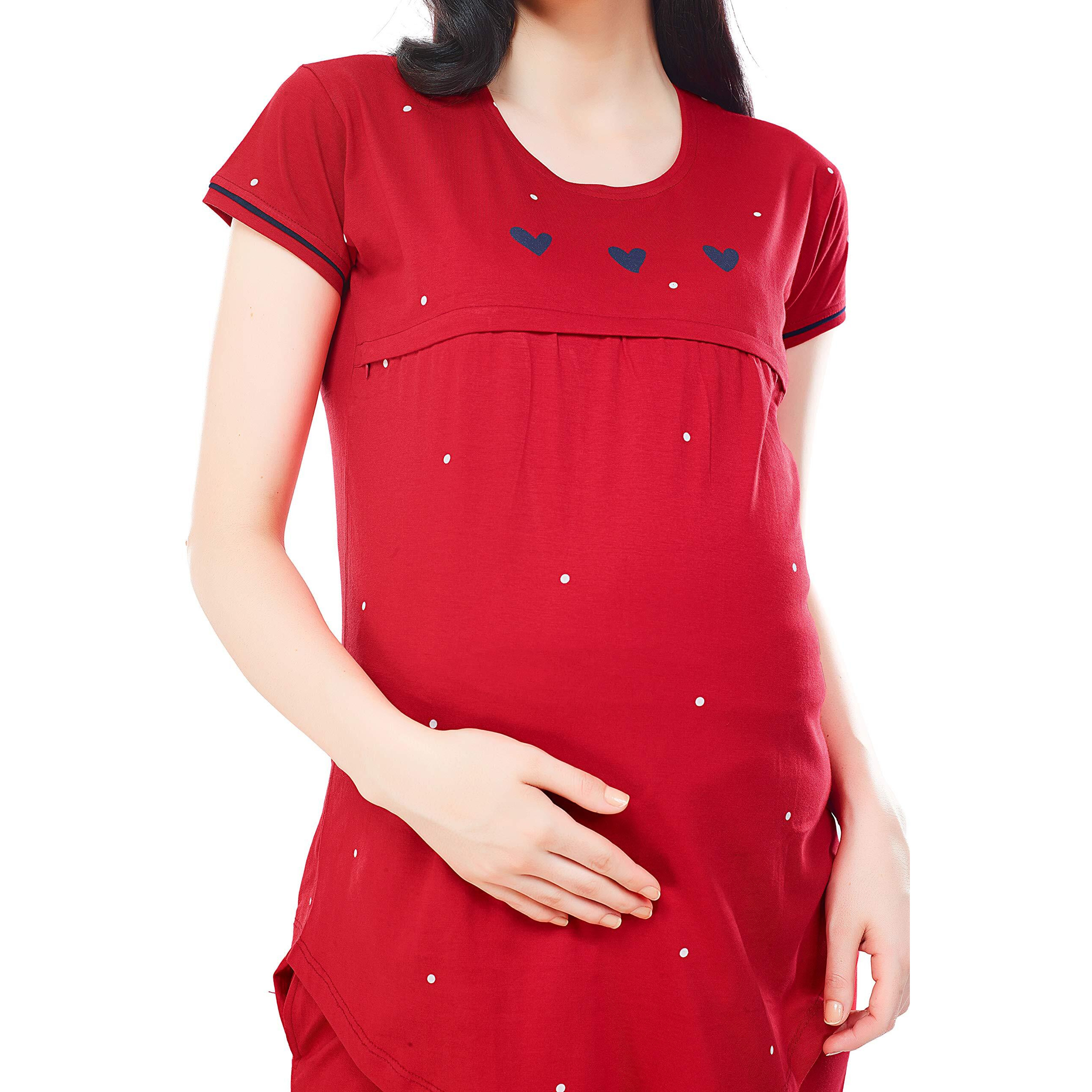 Zeyo Women's Cotton Dot Printed Red Maternity & Feeding Night Suit Set Of Top & Pyjama Nursing Night Dress 5330