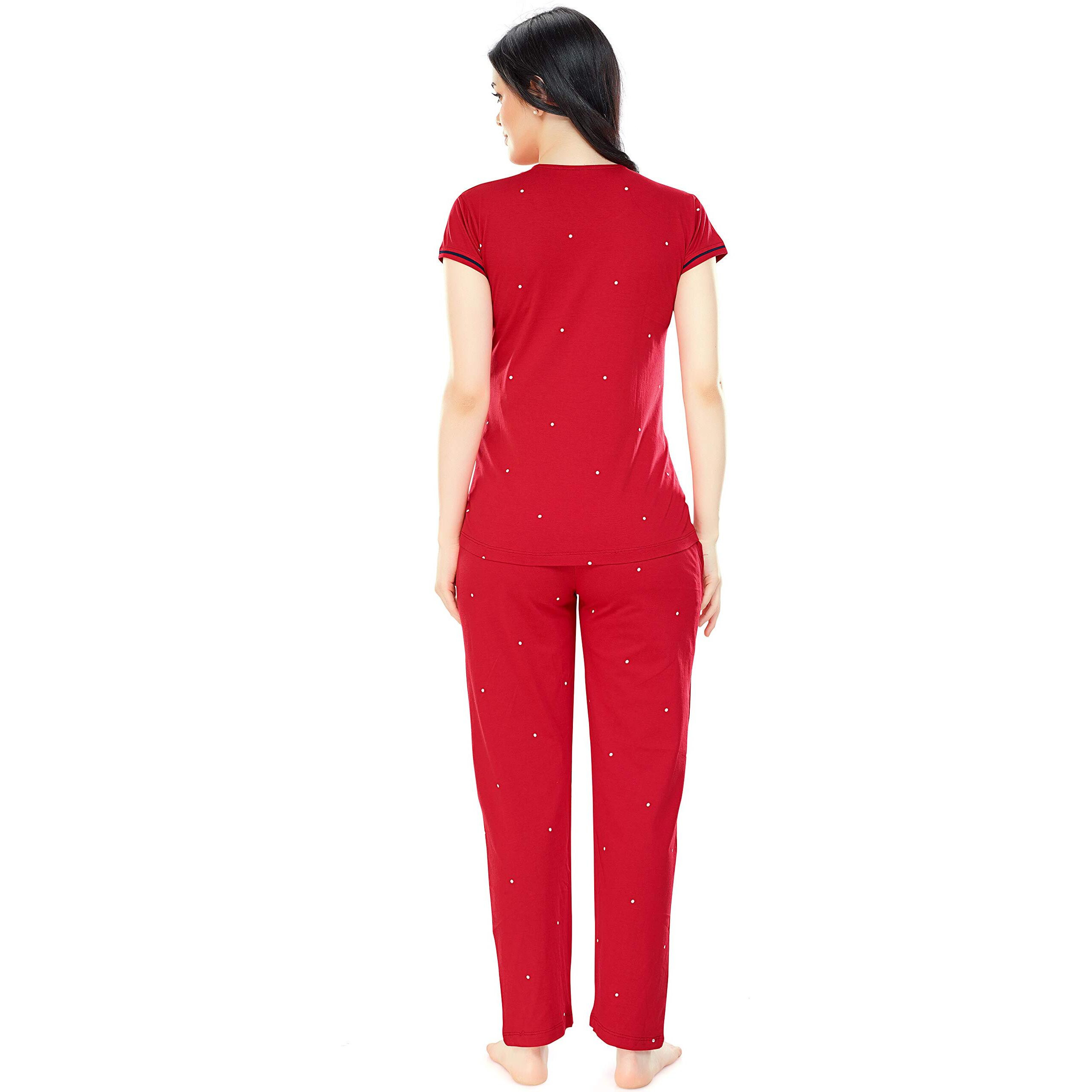 Zeyo Women's Cotton Dot Printed Red Maternity & Feeding Night Suit Set Of Top & Pyjama Nursing Night Dress 5330
