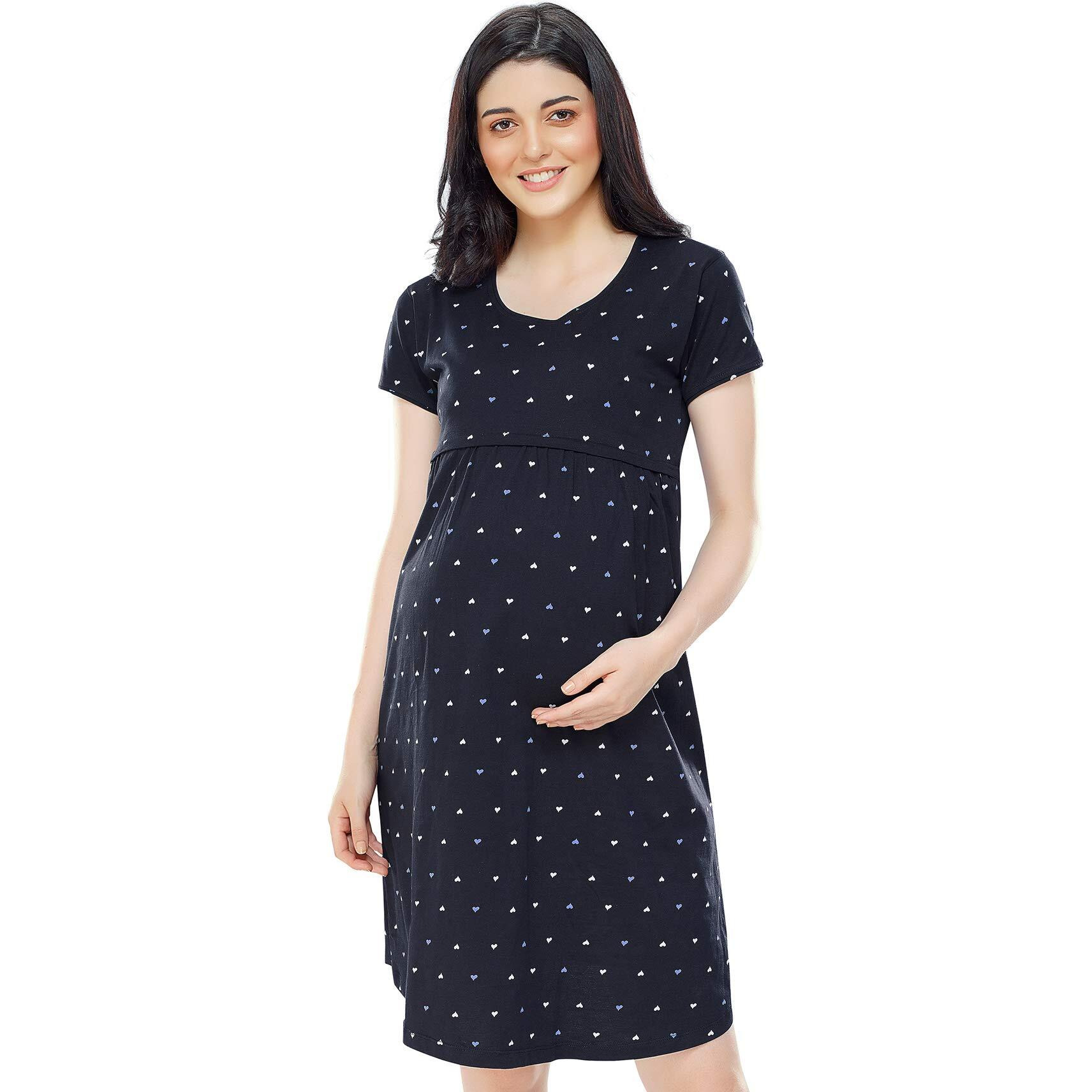 Zeyo Women's Cotton All Over Print Knee Length Night Dress (Zfeeds-5355-Ny-S_Navy Blue_S)