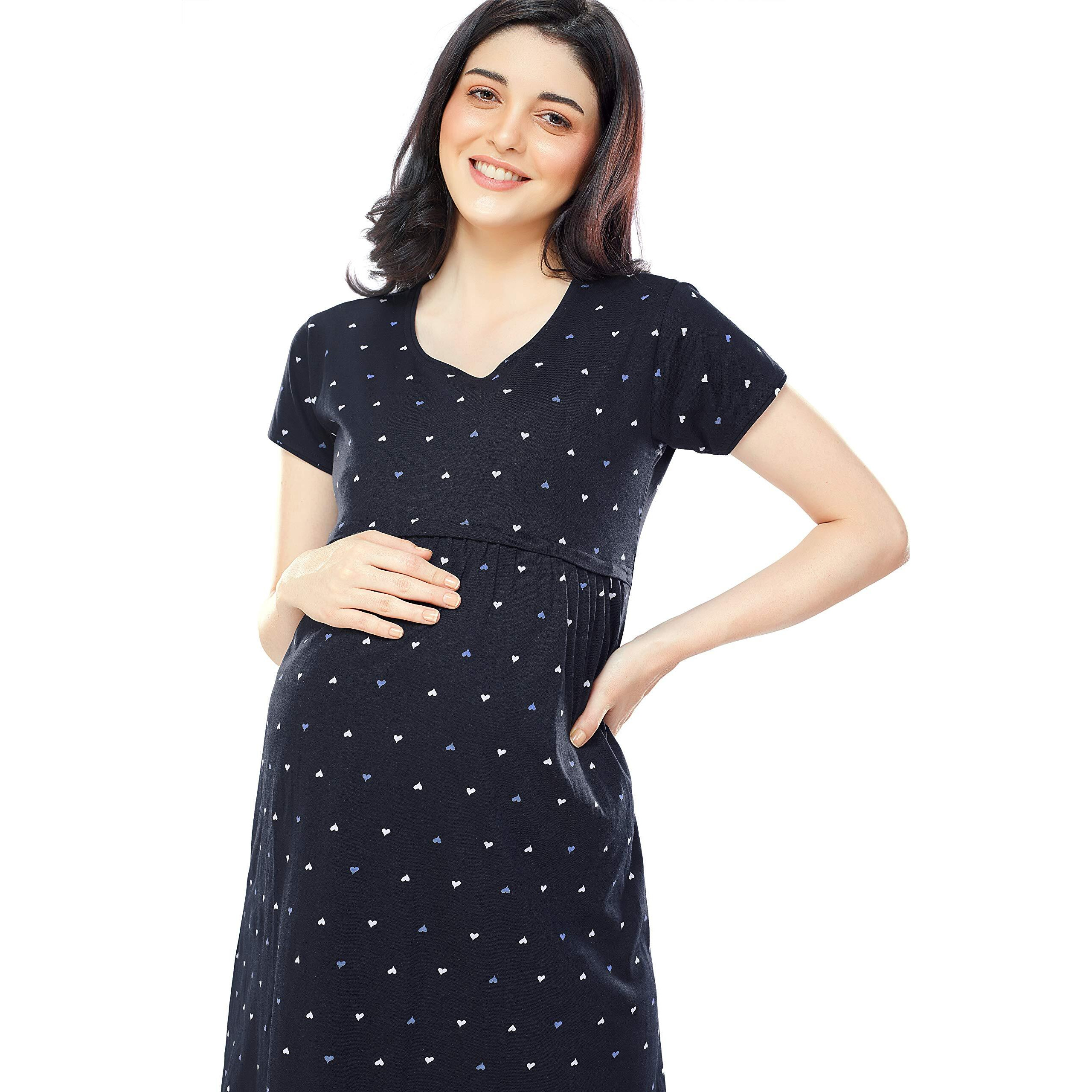 Zeyo Women's Cotton All Over Print Knee Length Night Dress (Zfeeds-5355-Ny-S_Navy Blue_S)