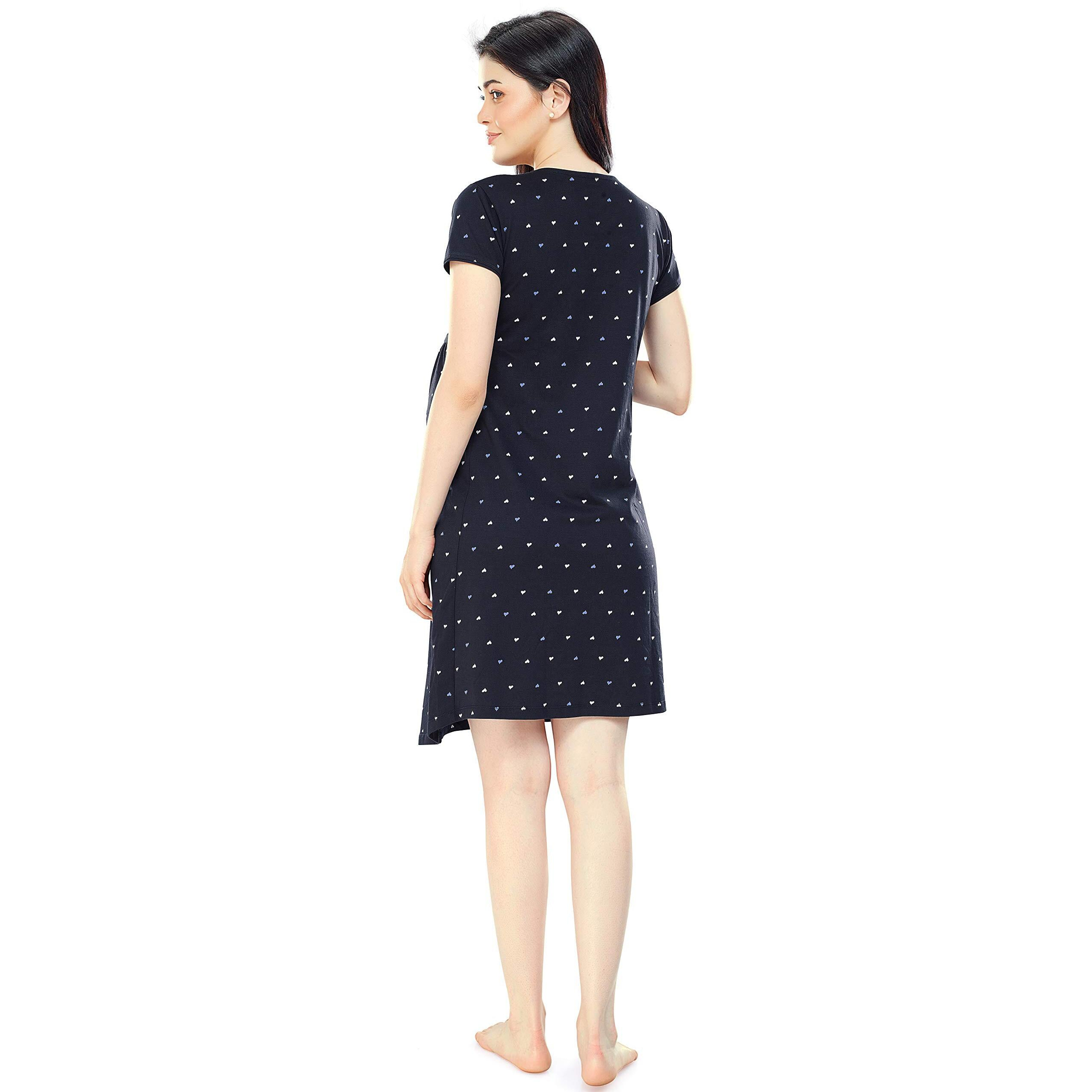 Zeyo Women's Cotton All Over Print Knee Length Night Dress (Zfeeds-5355-Ny-S_Navy Blue_S)