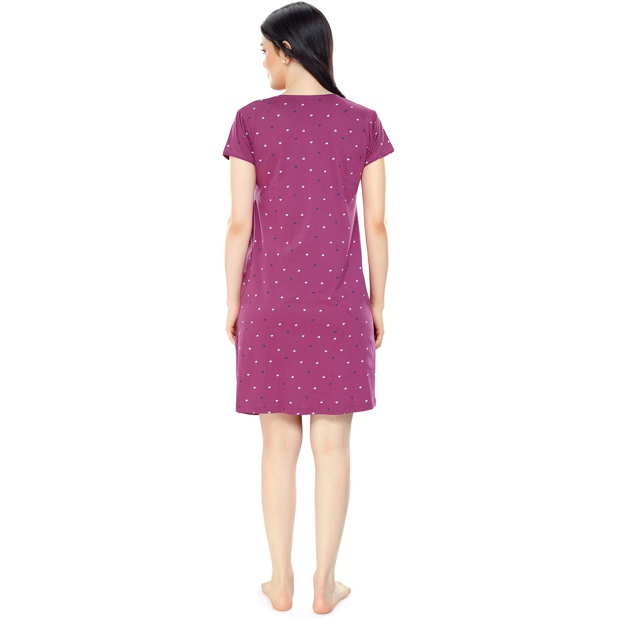 Zeyo Women's Cotton All Over Print Above Knee Short Nightdress (Zfeeds-5355-Wn-L_Plumred_L)