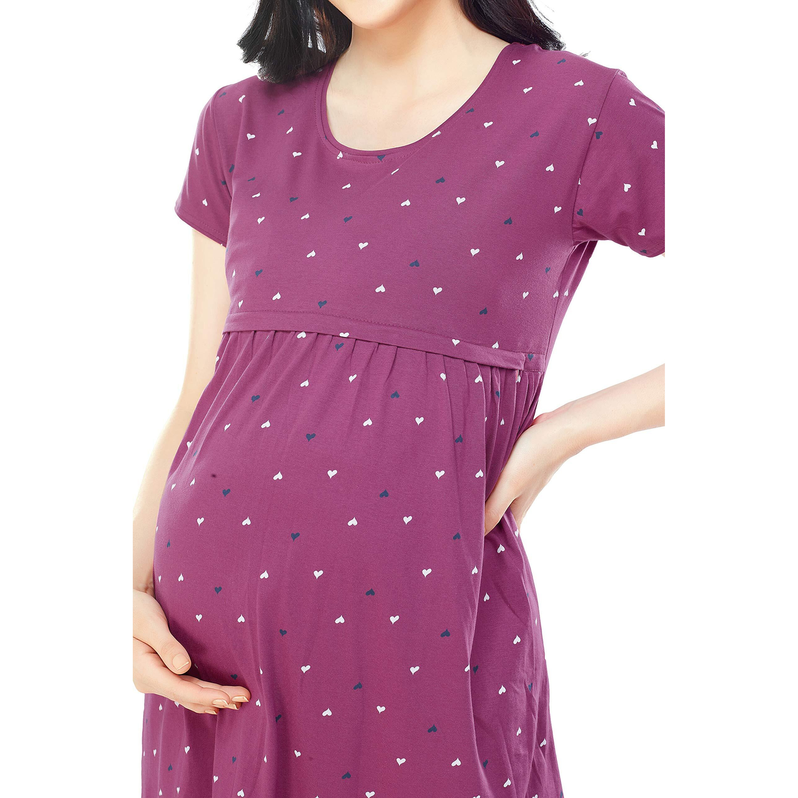 Zeyo Women's Cotton All Over Print Above Knee Short Nightdress (Zfeeds-5355-Wn-M_Plum Red_M)