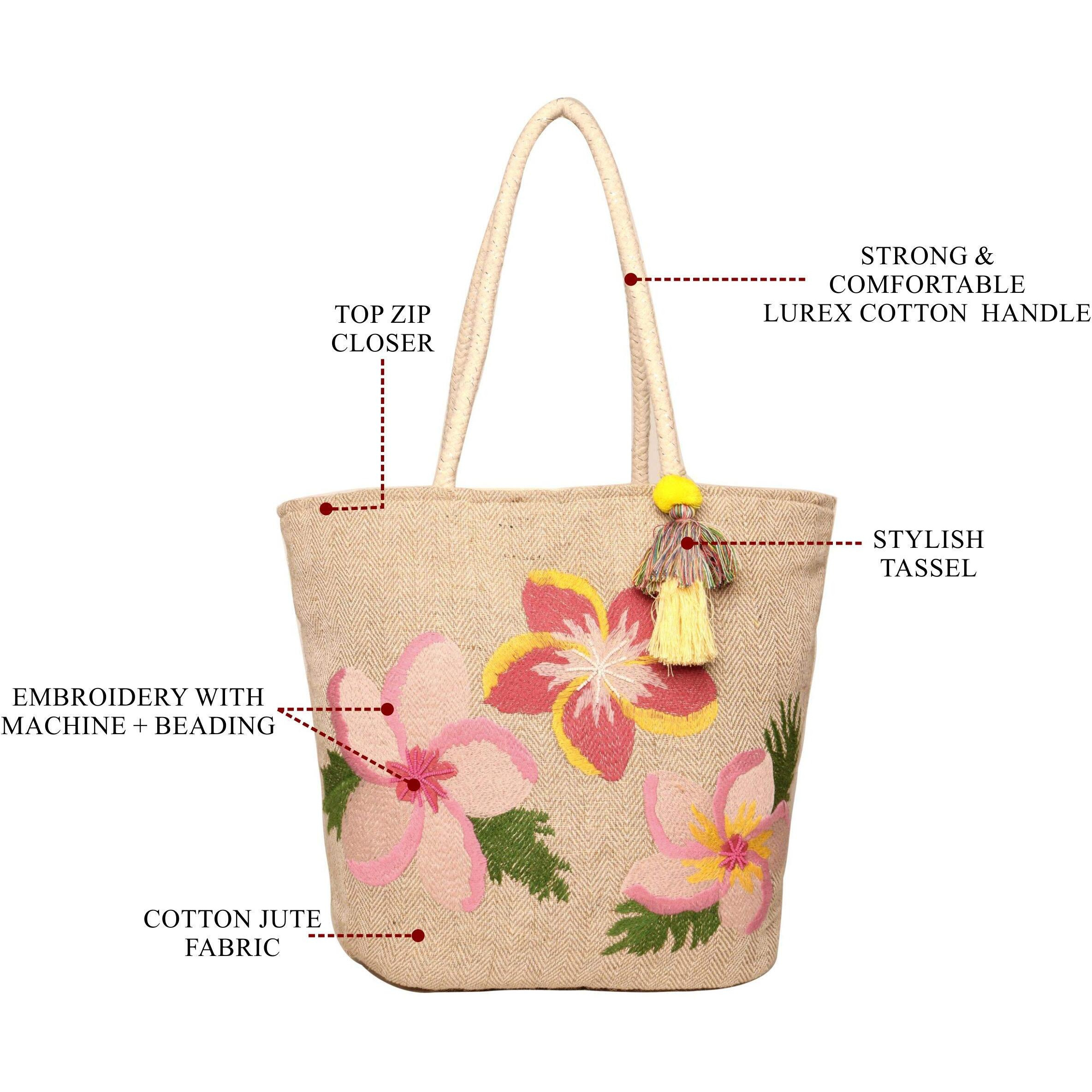 Astrid Embroidered Floral Jute Tote Bag For Women And Girls With Zip, Tassels, Internal Zipper And Completely Biodegradable