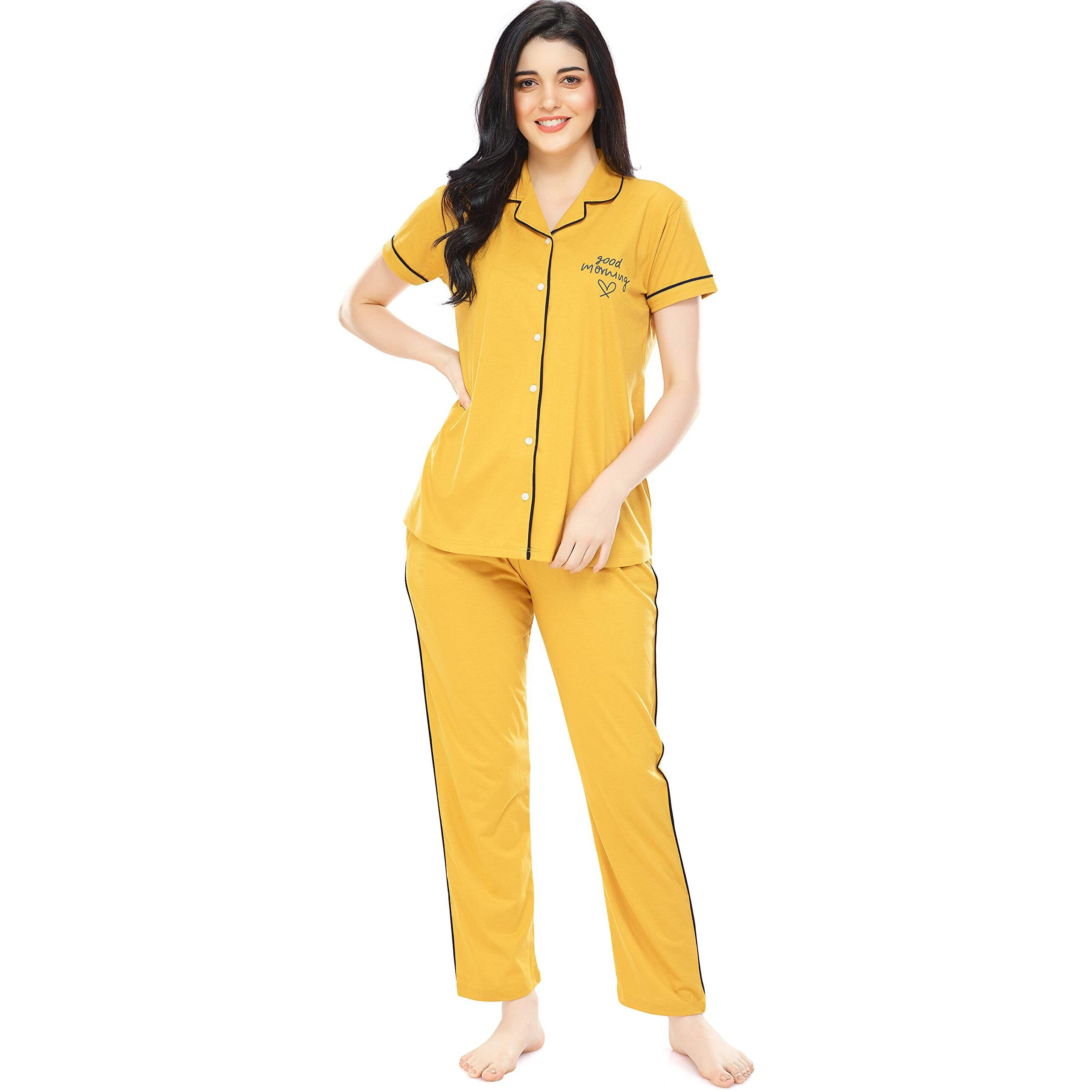 Zeyo Women's Cotton Solid Plain Yellow Pajama Set Night Suit Set Of Shirt & Pyjama 5238, Small